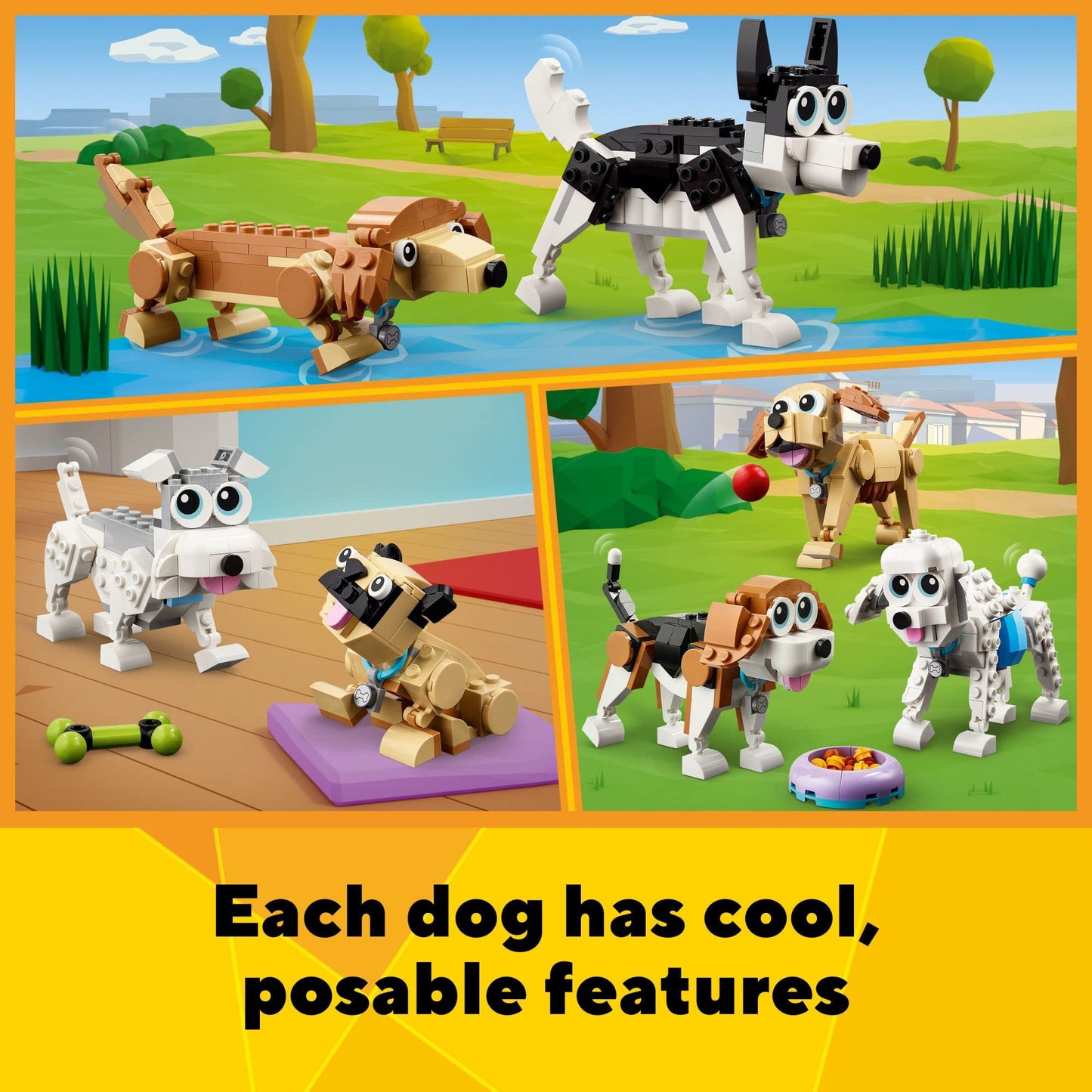 LEGO Creator 3 in 1 Adorable Dogs 31137, Build Dachshund, Beagle, Pug, Poodle, Husky & Labrador Figures, Fun Gift for Kids Ages 7+