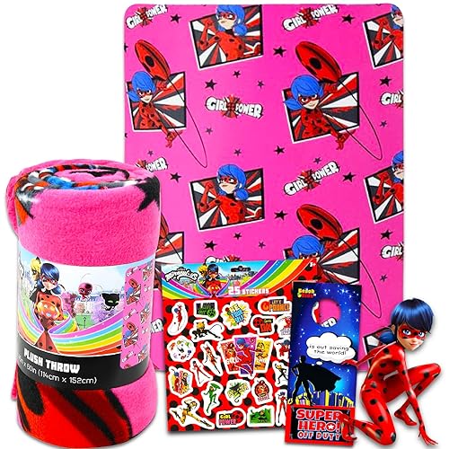 Zagtoon Miraculous Ladybug Fleece Blanket Set - Miraculous Ladybug Fleece Throw Bundle with Stickers and More for Kids Toddlers Children (Miraculous…
