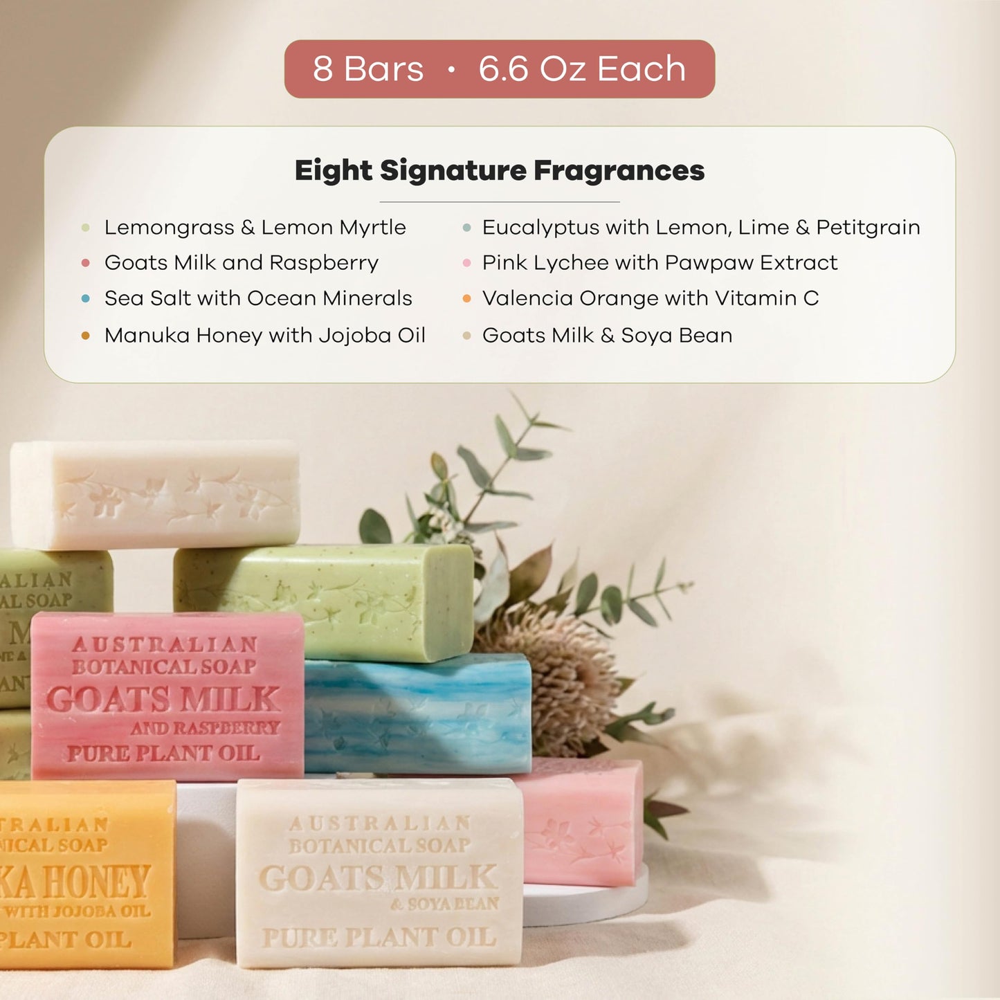 Australian Botanical Soap Variety Pack, 6.6 oz Bars - Goat Milk, Eucalyptus, Manuka Honey, Sea Salt, Pink Lychee, Lemongrass, Raspberry, Valencia