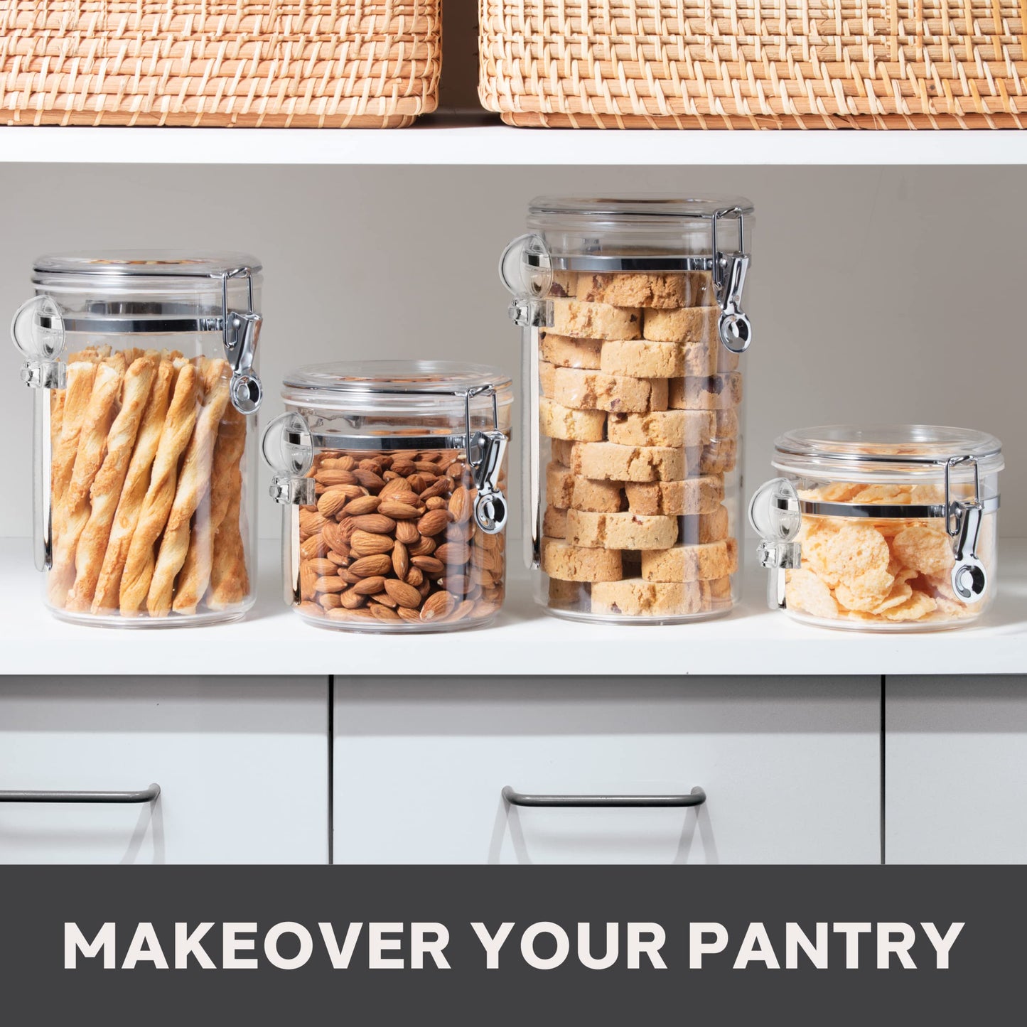 Oggi 4pc Clear Canister Set with Clamp Lids & Spoons - Airtight Food Storage Containers, Ideal for Kitchen & Pantry Storage of Bulk, Dry Food…