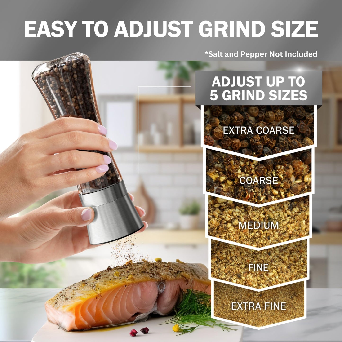 Home EC Premium Stainless Steel Salt & Pepper Grinder Set – Adjustable Ceramic, Tall Glass Shakers with Funnel & Recipe eBook