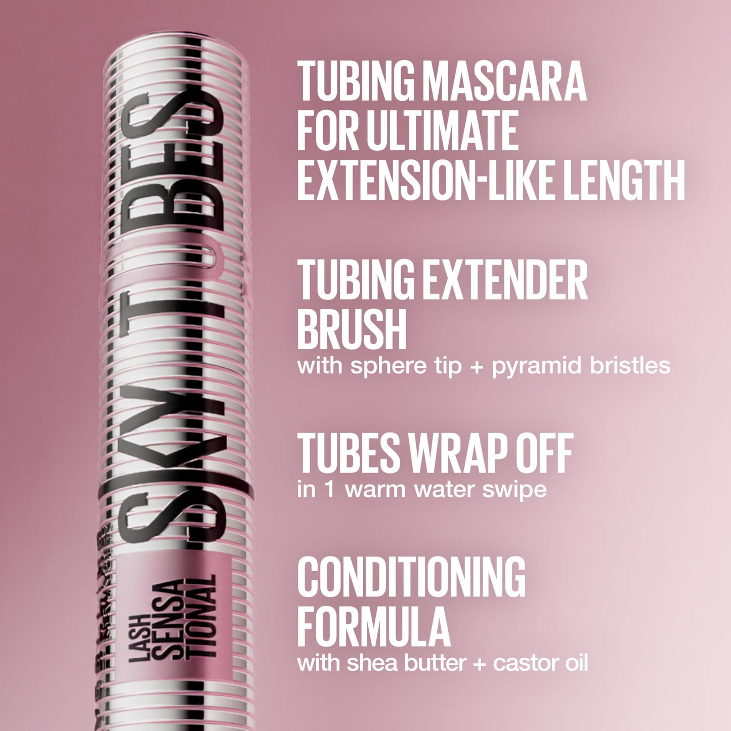 Maybelline Lash Sensational Sky Tubes Tubing Mascara, Extension-Like Lengthening Mascara, 24HR Eye Makeup with Shea Butter & Castor Oil, Very Black, 1