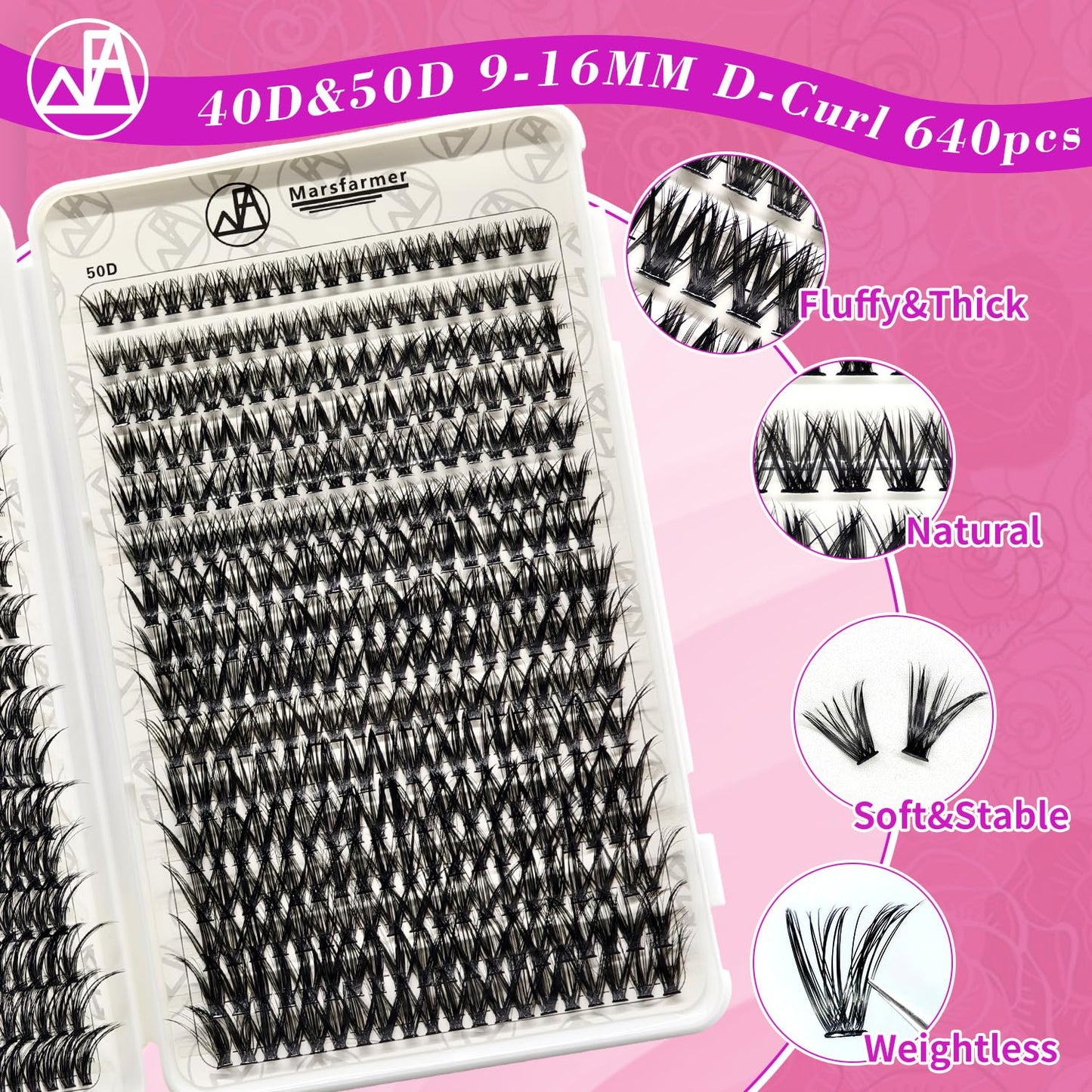 Marsfarmer 640pcs Individual Cluster Lashes Kit - False Eyelashes 9-16mm 40D+50D D Curl with Lash Cluster Applicator Tweezer, Reusable