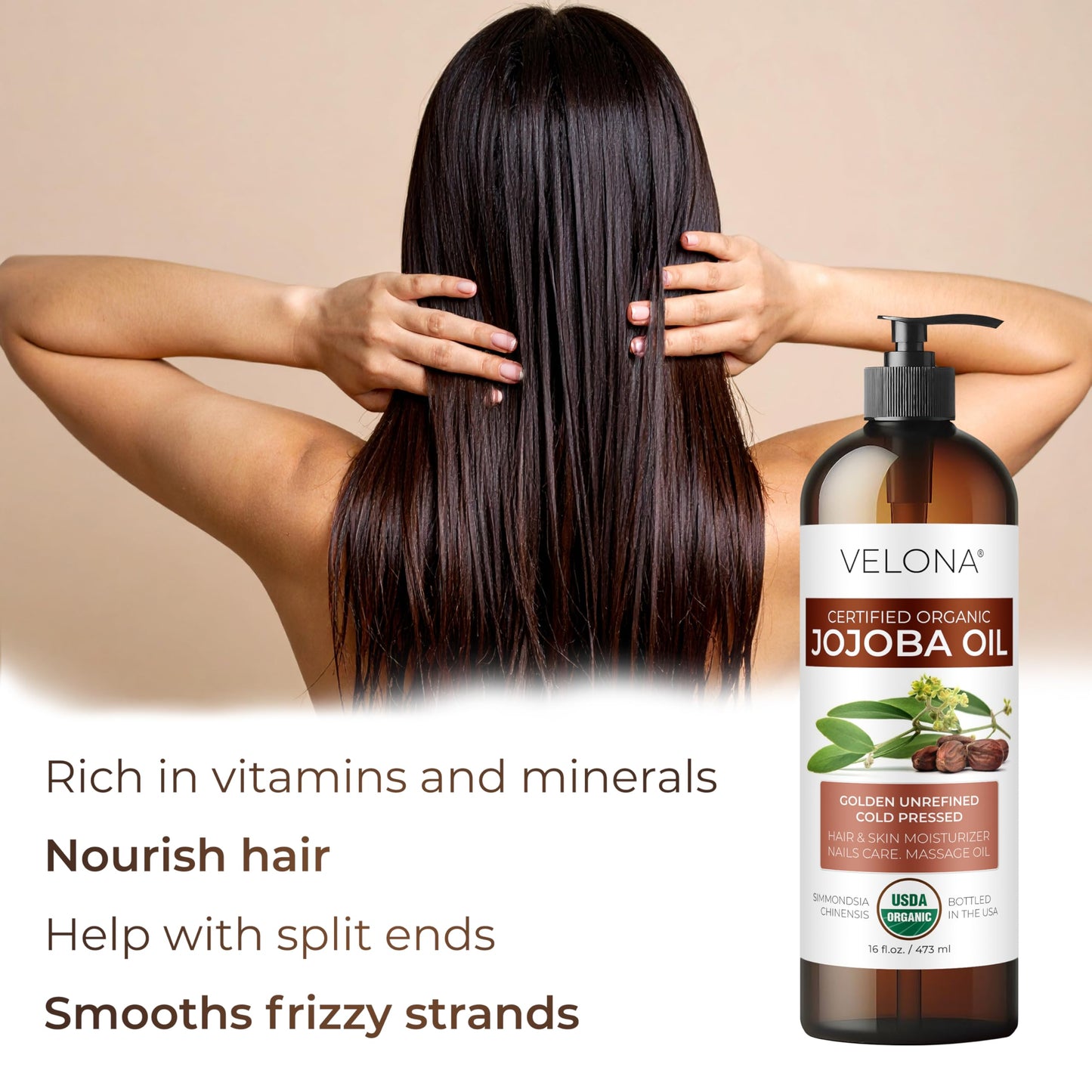 velona Jojoba Oil USDA Certified Organic - 8 fl oz (With Pump) | 100% Pure and Natural | Golden, Unrefined, Cold Pressed, Hexane Free | Moisturizing