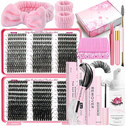 DNSGOOR DIY Lash Extension Kit 590Pcs 9-18mm D Curl Lashes Clusters with Lash Bond and Seal Glue Remover Lash Shampoo Cleansing Brush Headband…