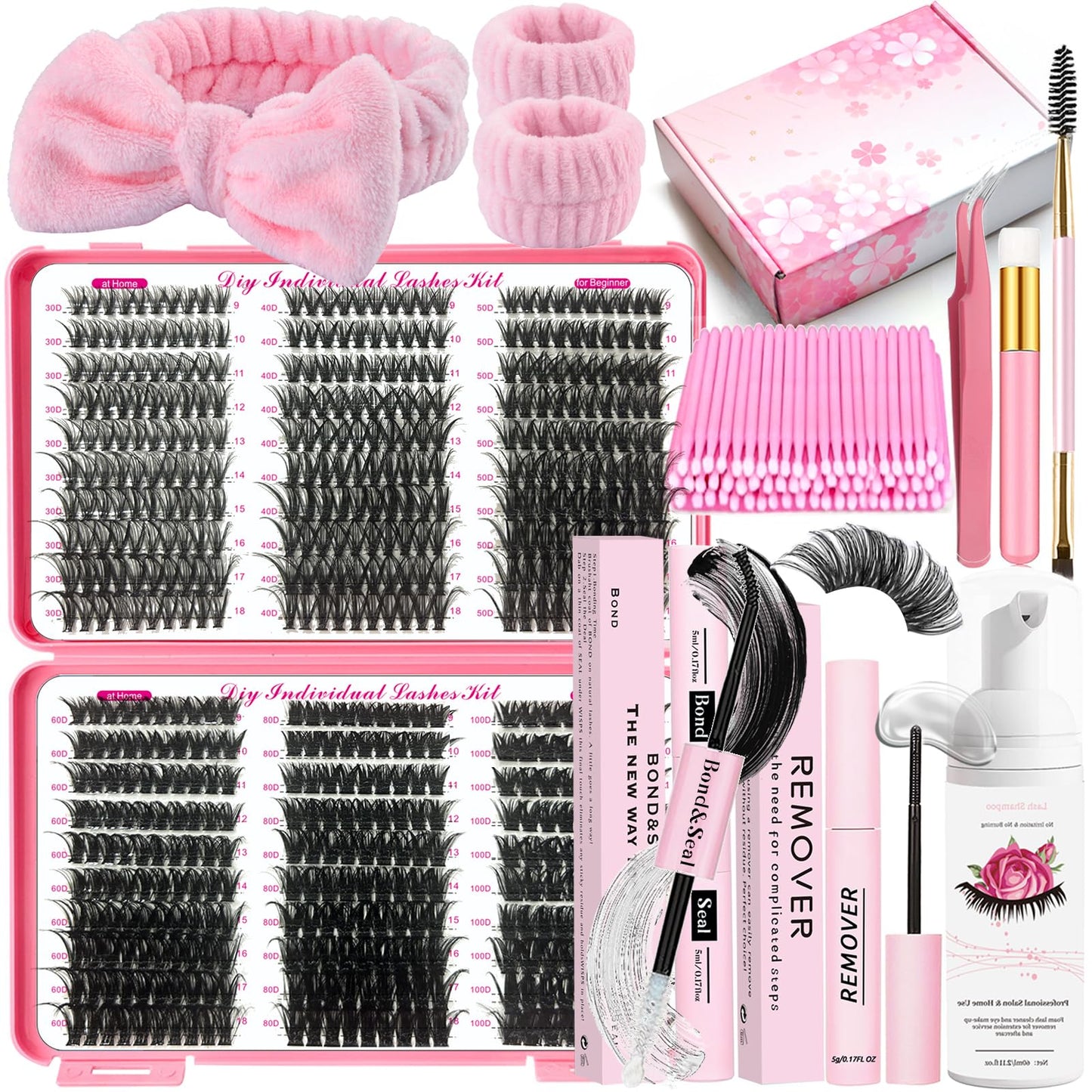 DNSGOOR DIY Lash Extension Kit 590Pcs 9-18mm D Curl Lashes Clusters with Lash Bond and Seal Glue Remover Lash Shampoo Cleansing Brush Headband…