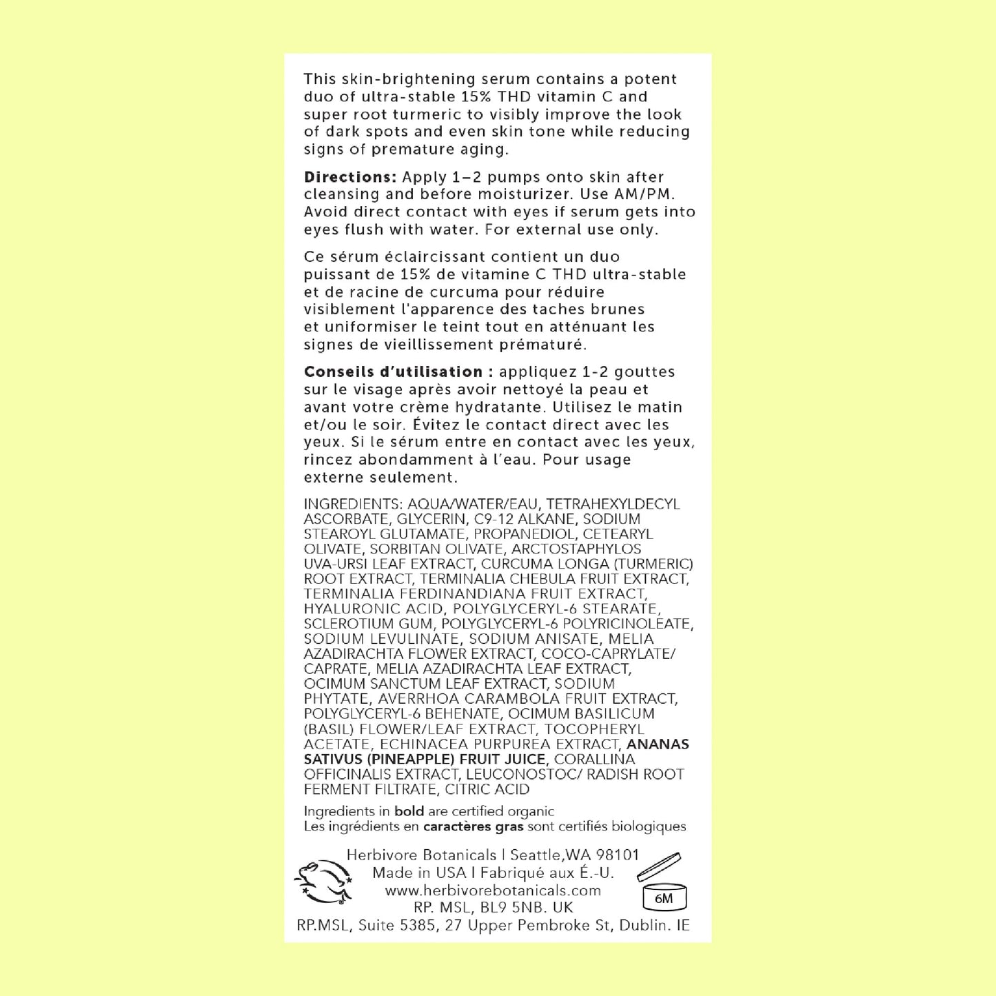 HERBIVORE Nova 15% Vitamin C + Turmeric Brightening Serum for Dark Spots, Hyperpigmentation + Even Skin Tone | Vegan, Plant-Based, Cruelty-Free, 30