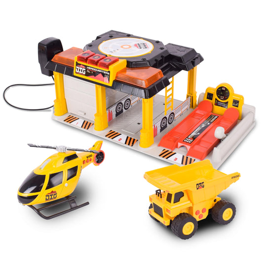 Mini Dig Vehicle Motorized Playset Construction Site Garage with Front Loader and Helicopter