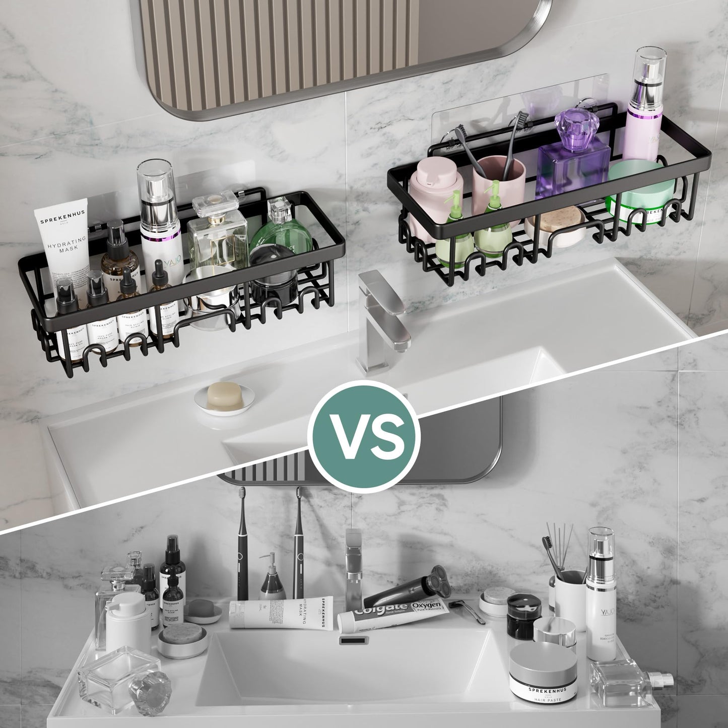 Veken 6-Pack Shower Caddy Set – Rustproof Adhesive Wall Shelves with Soap Holder, No Drilling, Large Capacity Bathroom Organizer