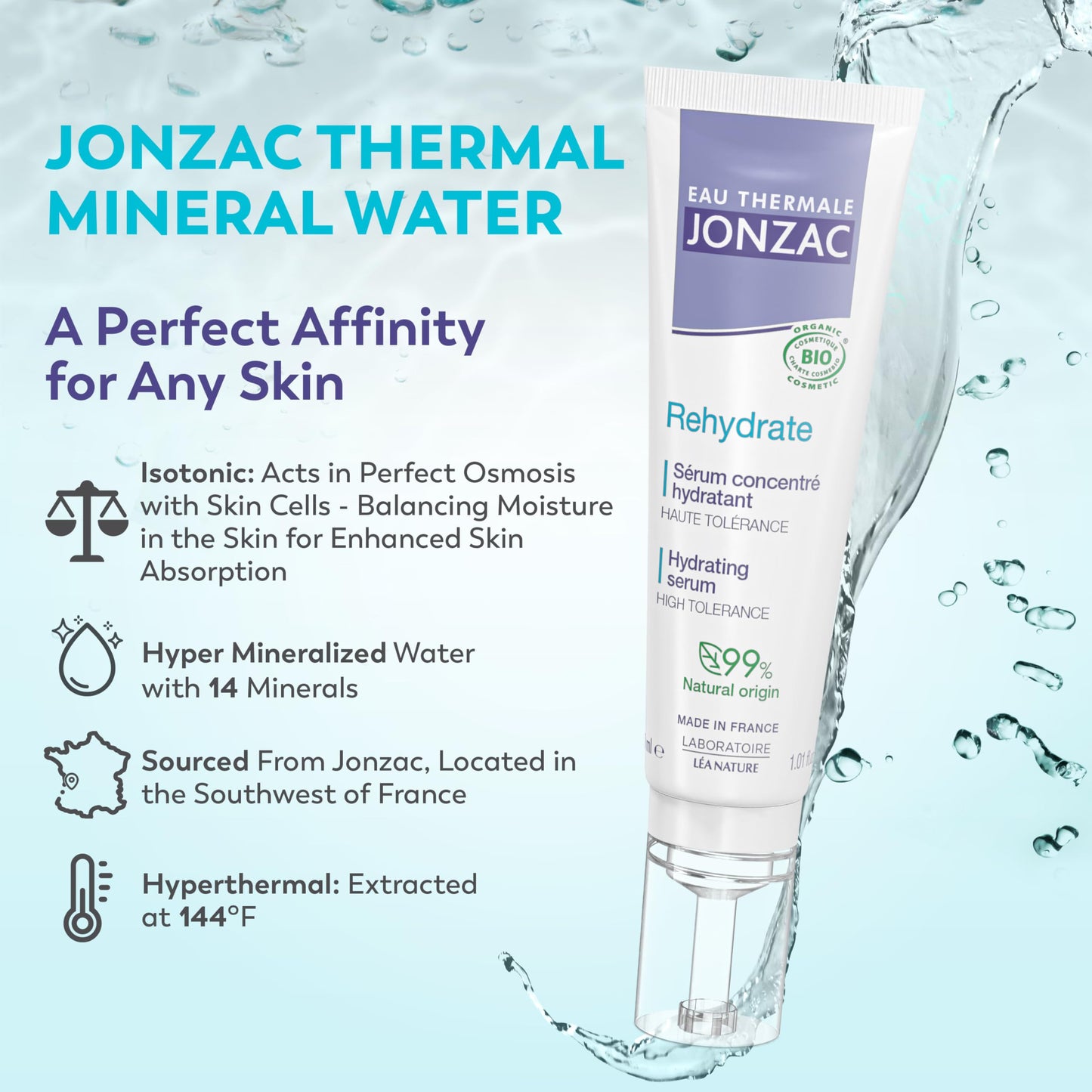 Eau Thermale Jonzac Rehydrate Organic Pure Hyaluronic Acid Hydrating Serum for Face - 24H Hydration - Plump and Repair Dehydrated Skin - Safe