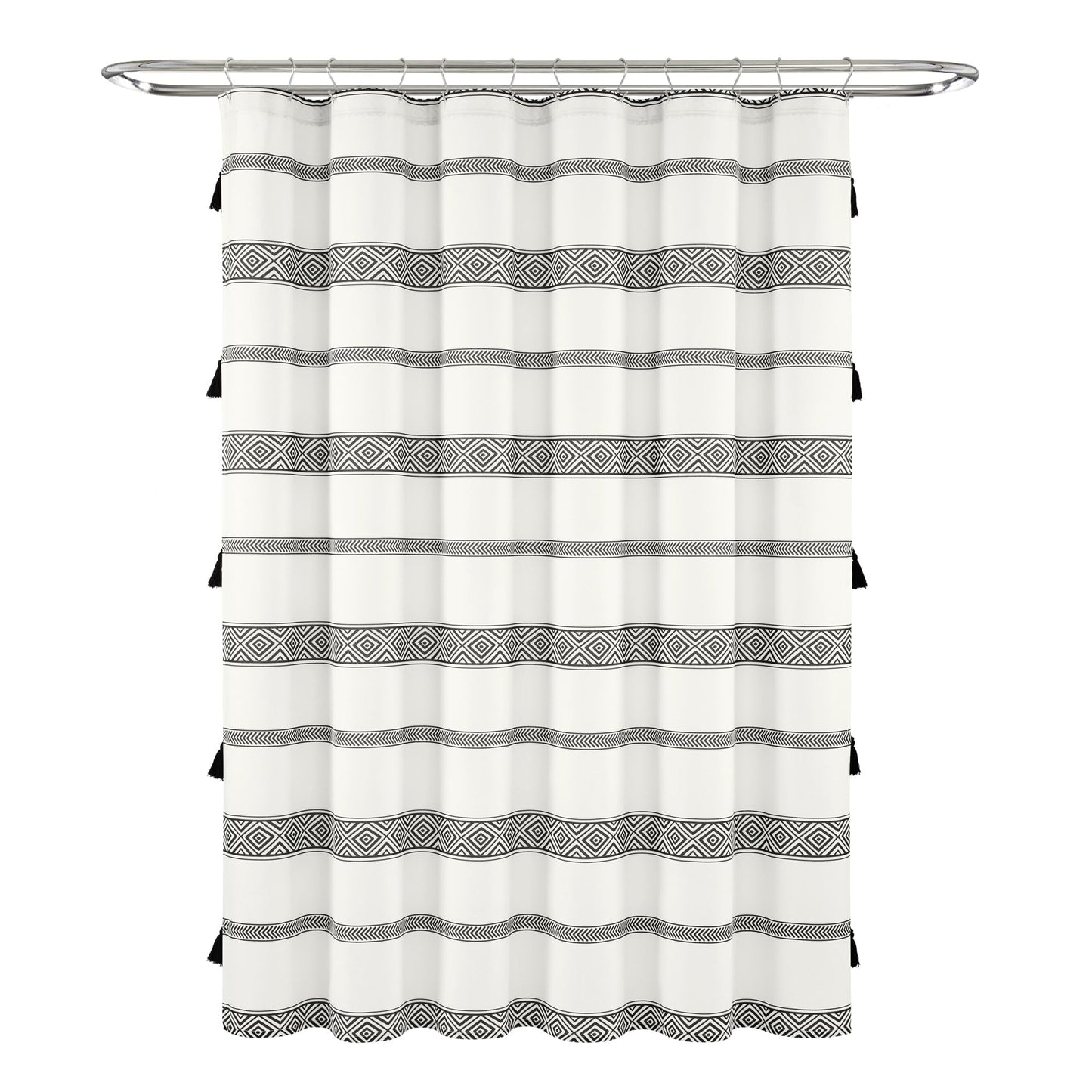 Lush Decor Ava Boho Stripe Tassel Yarn Dyed Eco-Friendly Recycled Cotton Shower Curtain, 72" x 72", Black & White