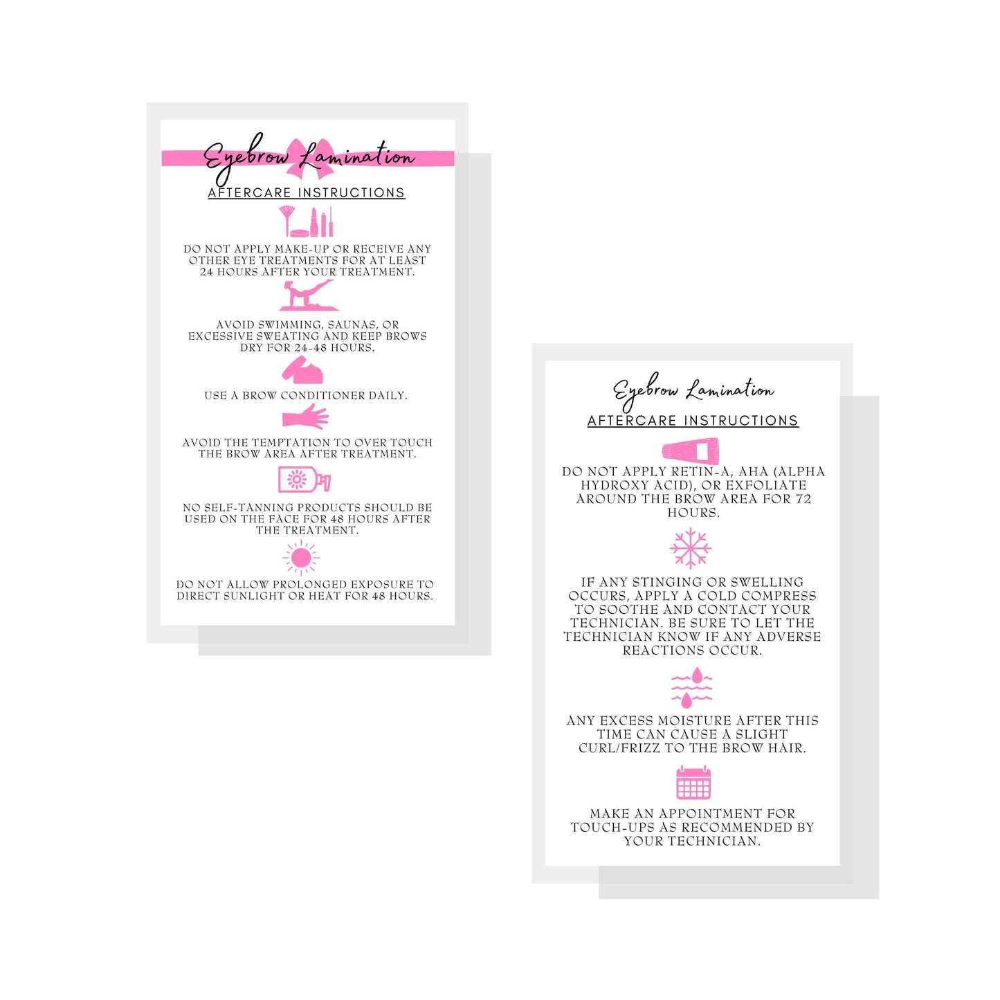Brow Lamination Aftercare Instruction Cards | 50 Pack | 2x3.5” inches Business Card Size | Starter Lift Kit with Tint at home diy aftercare supplies |