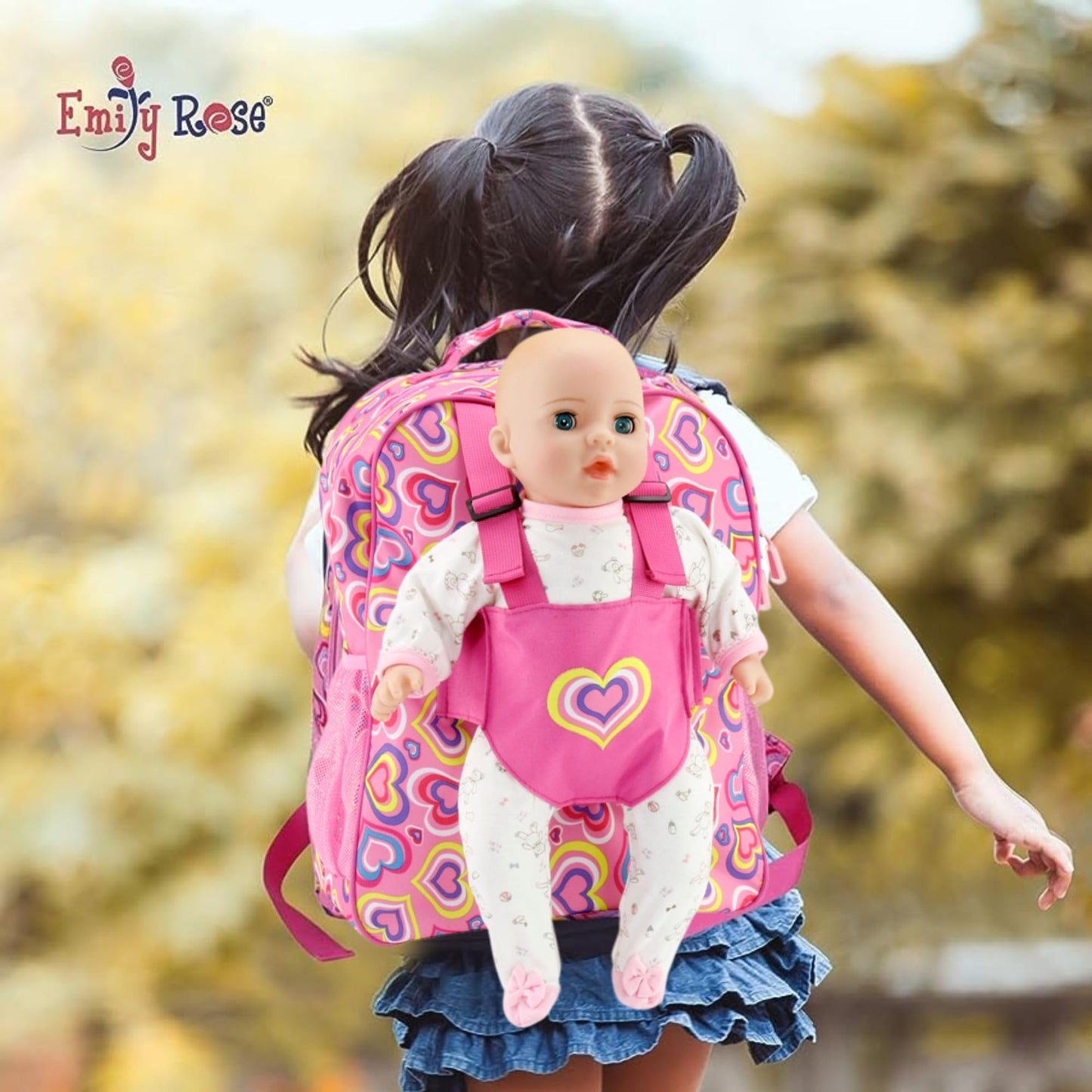 Emily Rose Kids Daypack Overnight Backpack 18-inch Doll Travel Carrier Includes Carry Pouch for Baby Dolls/Stuffed Animals | Little Girls Back Pack for School and Sleepovers (Playful Hearts)