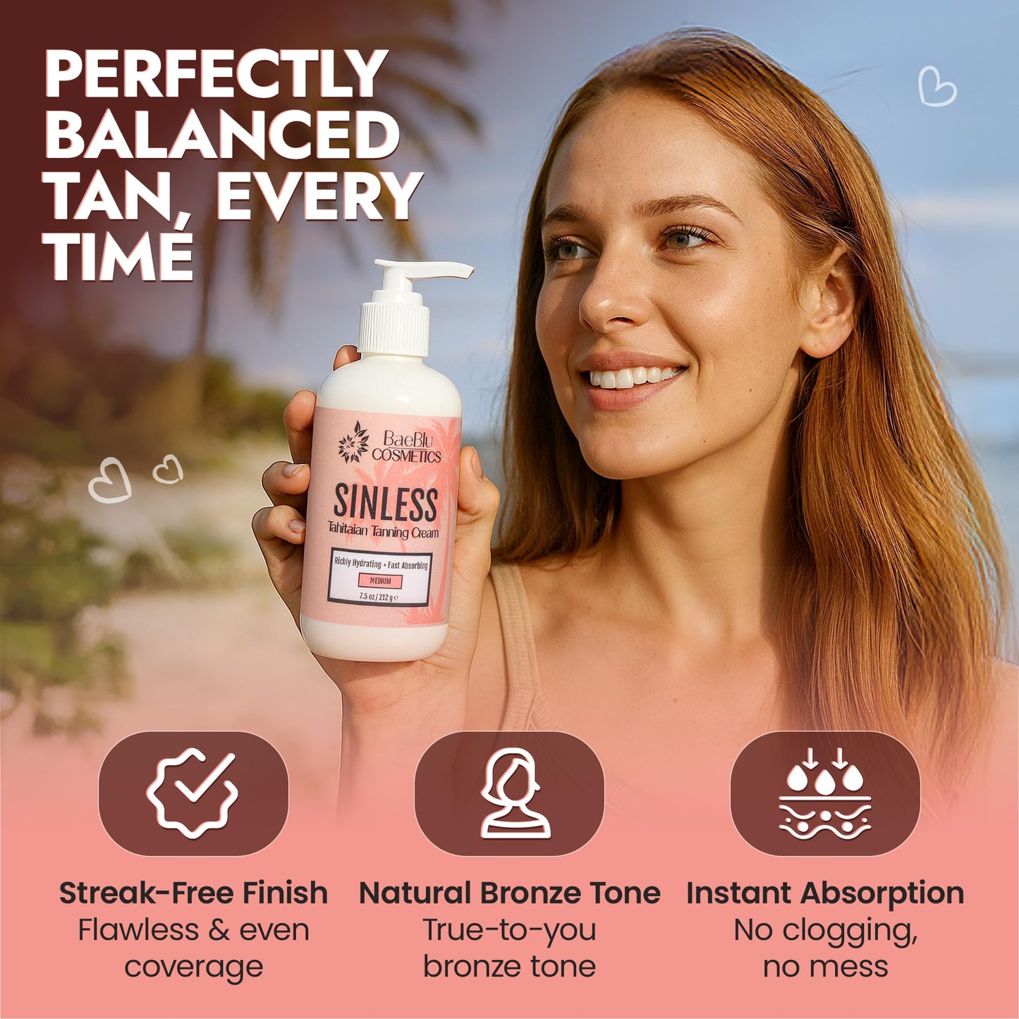BaeBlu - Sinless Tahitian Self Tan Lotion - Sunless Tanning Lotion with Hydrating Monoi de Tahiti & Coconut Oils for Streak-Free, Golden Tan - No