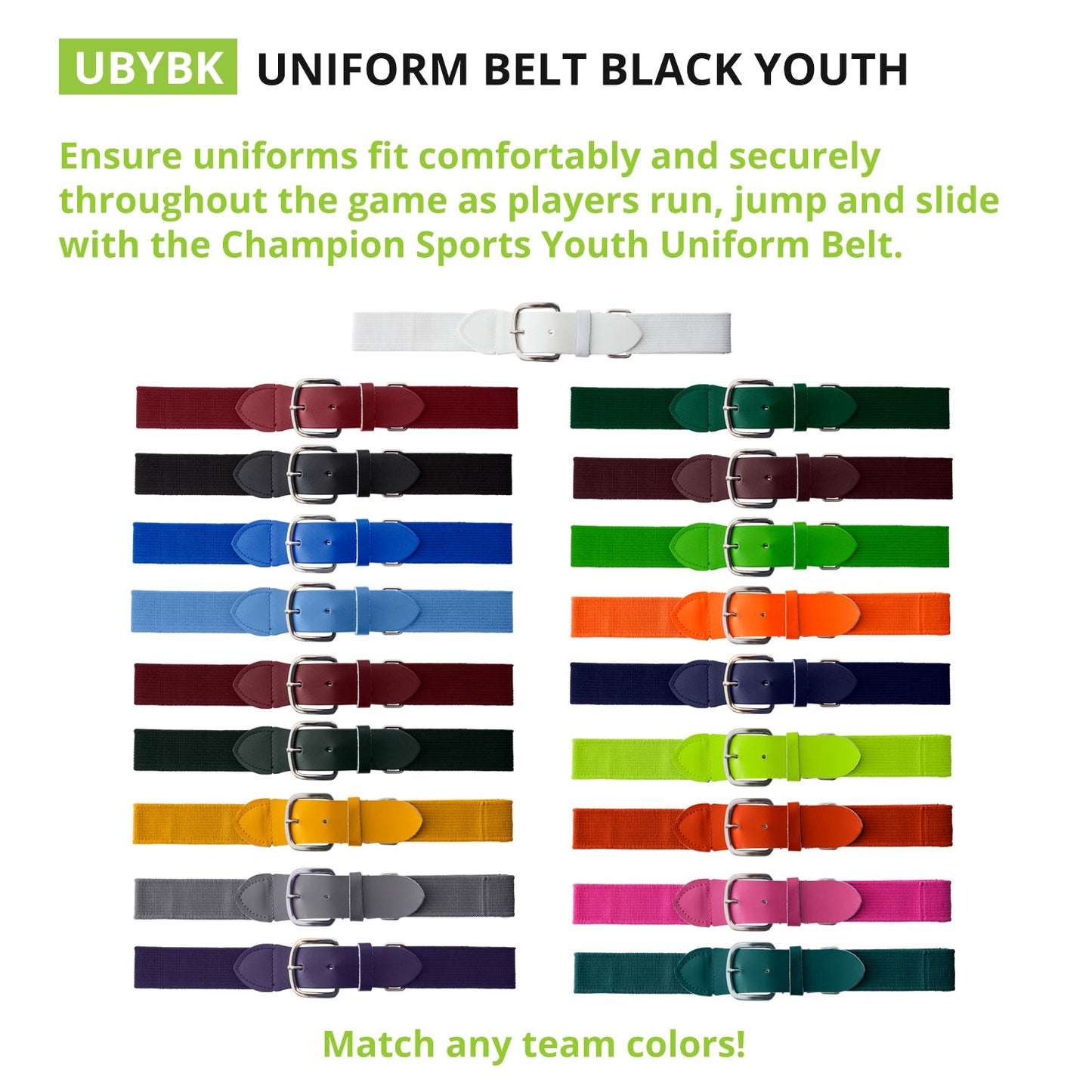 Champion Sports Baseball/Softball Uniform Belt - Comfort Nylon Stretch Fit Uniform Belt - Durable Leather Tab - Youth "18-32 Inches" - Black