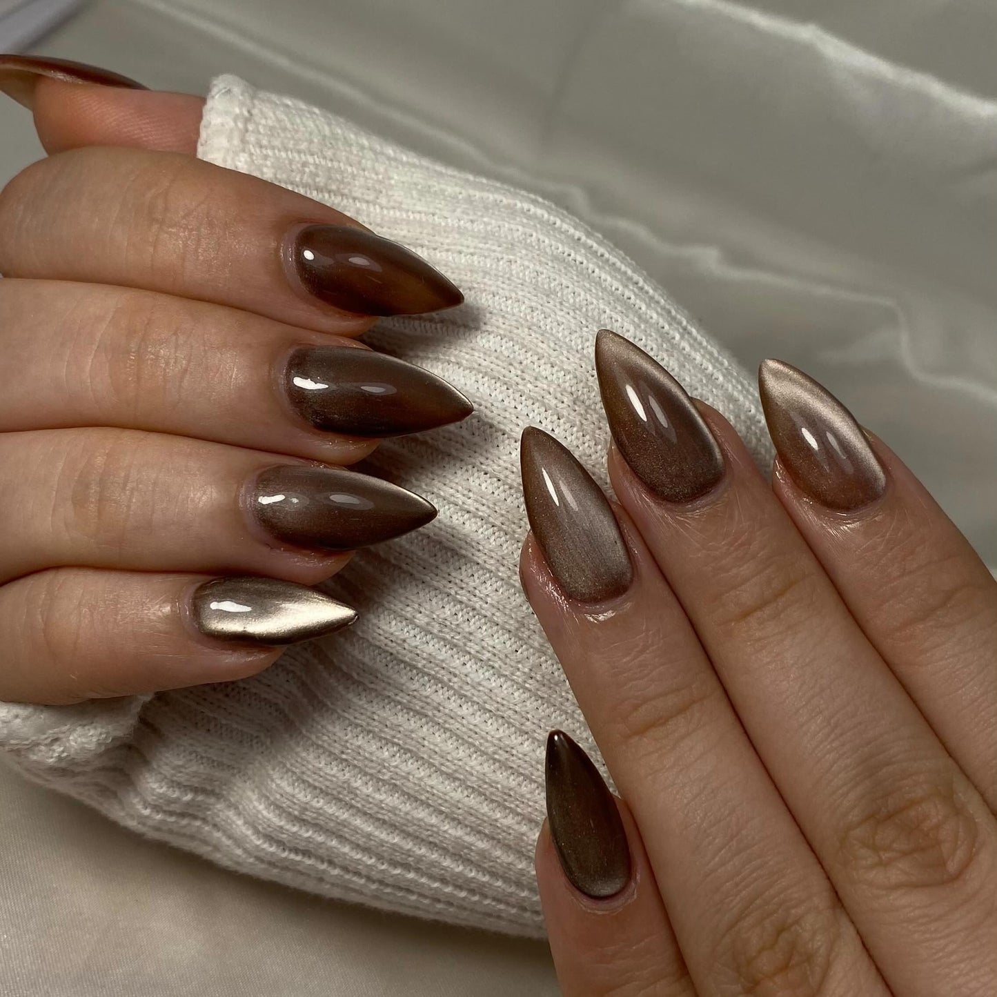 KQueenest Cat Eye Dark Brown Press on Nails Almond, Glitter Press on Nails Medium, Sparkly Shiny Soft Gel Fake Nails Set, Bling Chrome Coffee Glue on Beauty and Personal Care KQueenest