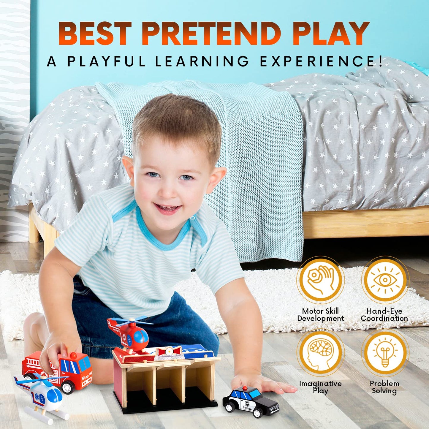 Rescue Station Wooden Playset – 2-Level Garage with Fire Truck, Ambulance, Police Car & 3 Helicopters – Emergency Vehicles for Kids 3+