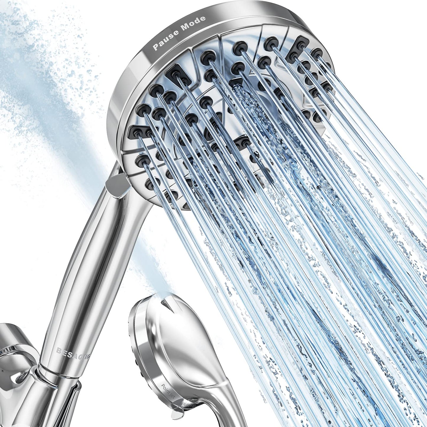 BESAQUO High Pressure Handheld Shower Head – 10 Functions, Pause Mode, Power Wash, 6.5ft Hose & Metal Bracket, Leakproof