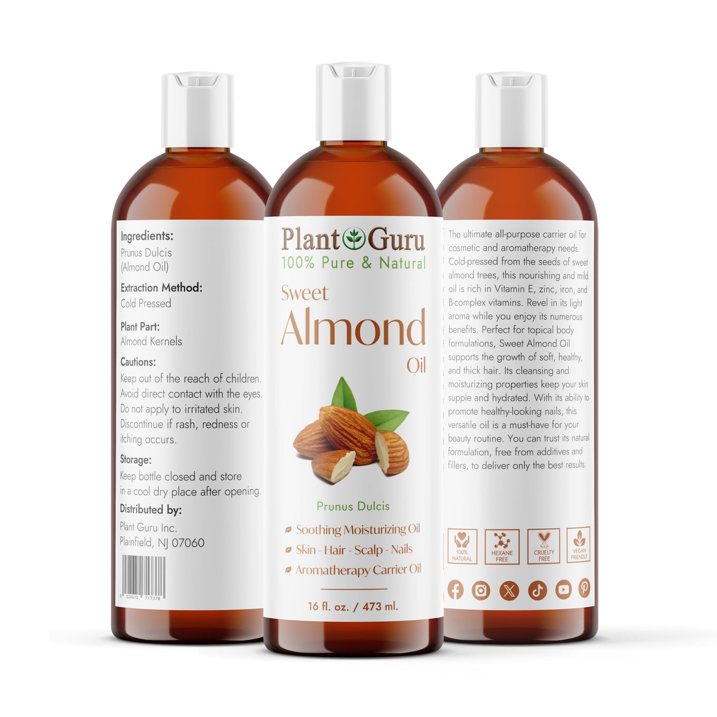Plant Guru Sweet Almond Oil 16 fl. oz. Cold Pressed Carrier 100% Pure Natural For Skin, Body, Face, and Hair Growth Moisturizer. Great For Creams Beauty & Personal Care Plant Guru