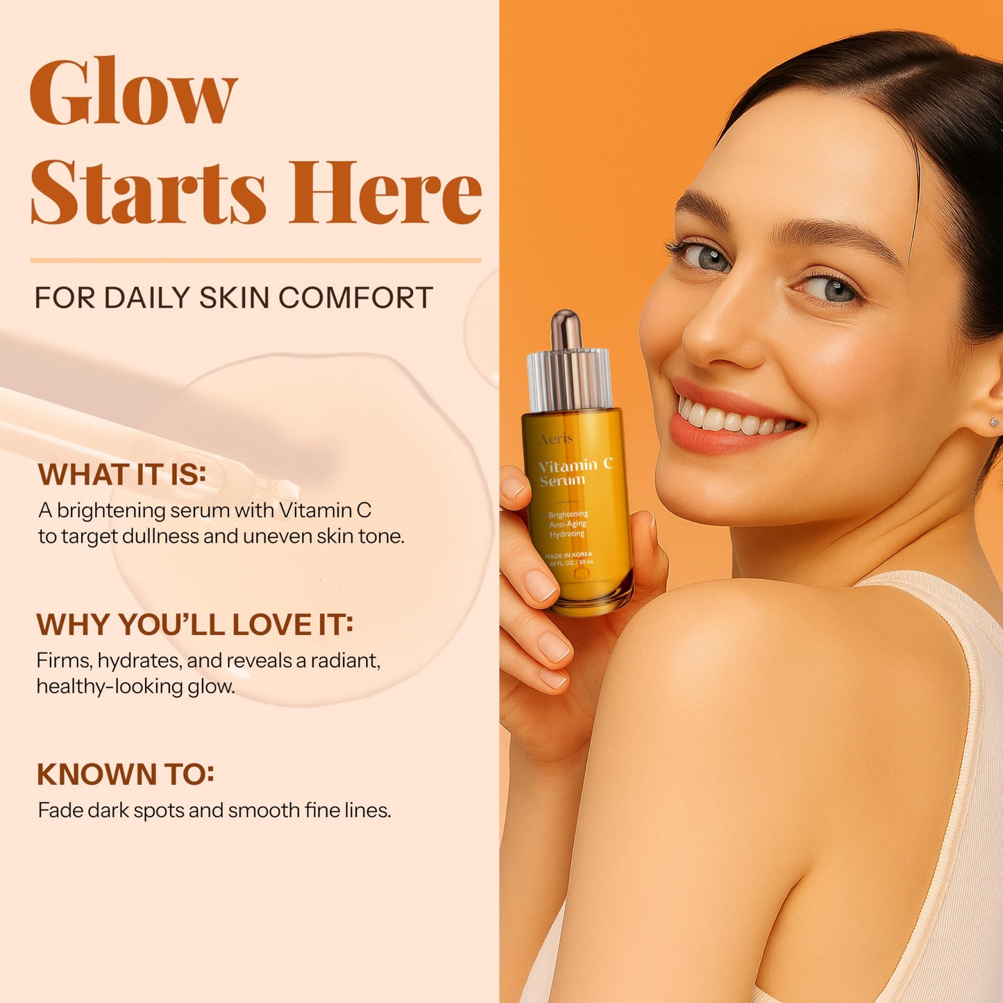 Aeris Vitamin C Face Serum - Hydrating & Revitalizing Formula For Dark Spots, Uneven Tone & Fine Lines - Dermatologist Tested, Anti-Aging, Korean