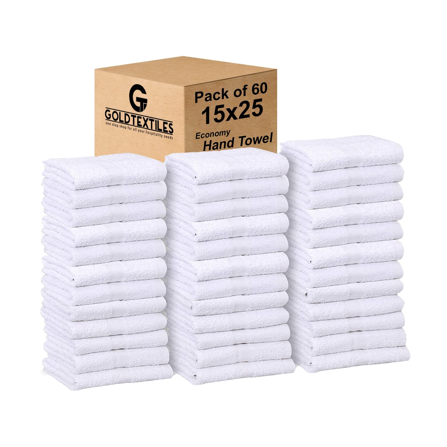 GOLD TEXTILES Bulk Pack 60 Pcs (5 Dozen) White Economy 15x25 Inches Basic Hand Towel - 2.25 lb/dz
