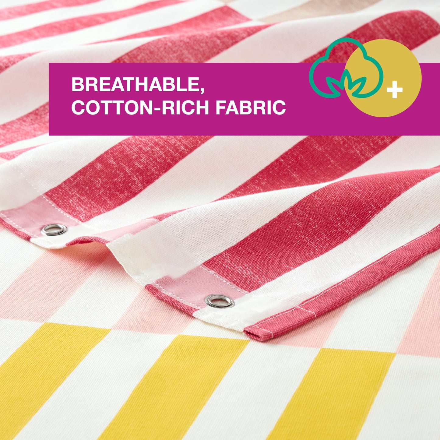 TOWN & COUNTRY PLAY Adeline Offset Stripe Cotton-Rich Breathable Fabric Shower Curtain with Anti-Rust Grommets, Pink/Beige/Yellow, 70"x72"