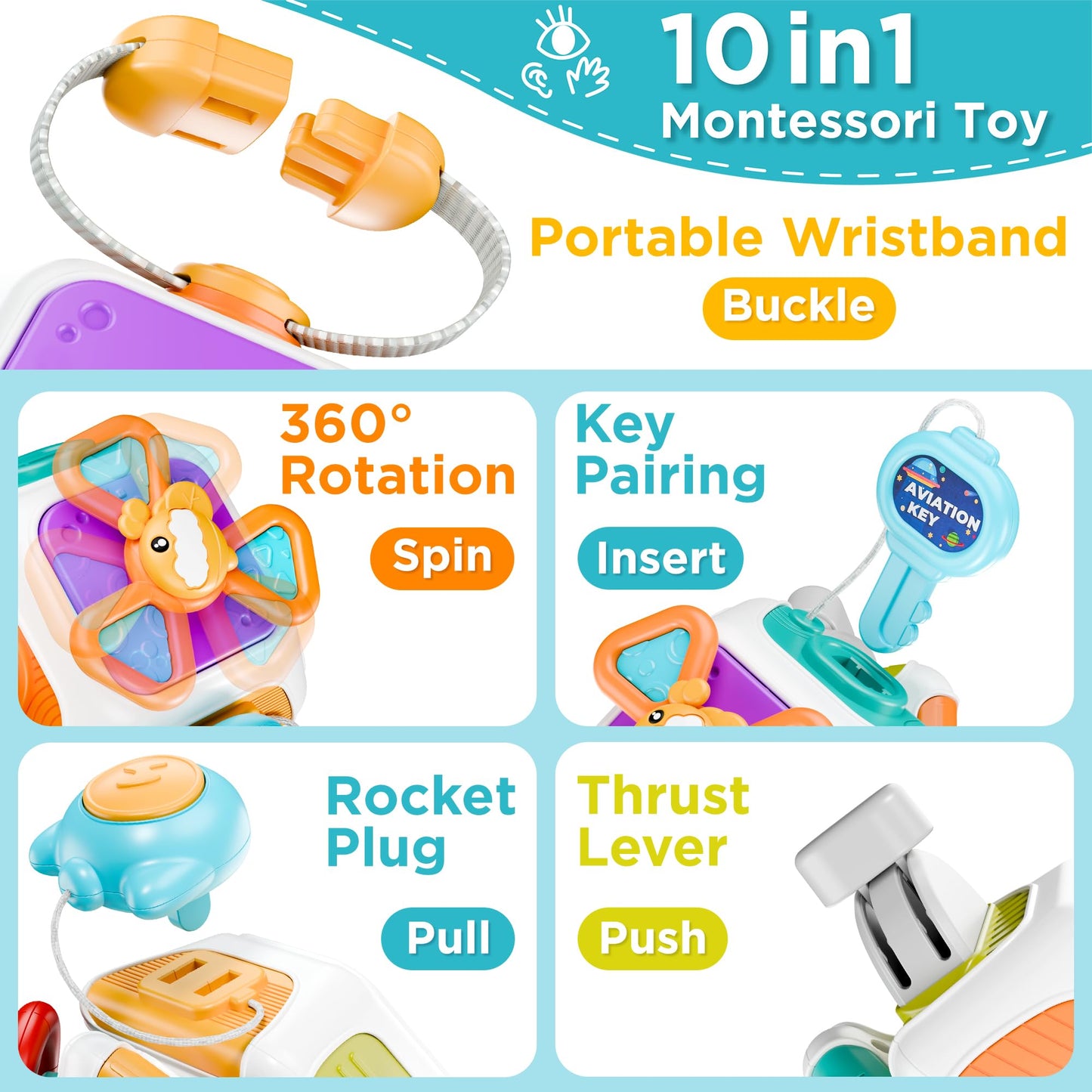 Play iLearn 10-in-1 Busy Board Cube Montessori Toy for Toddlers, Travel Carseat Sensory Activity, Educational Gift for 6-24M Boys Girls