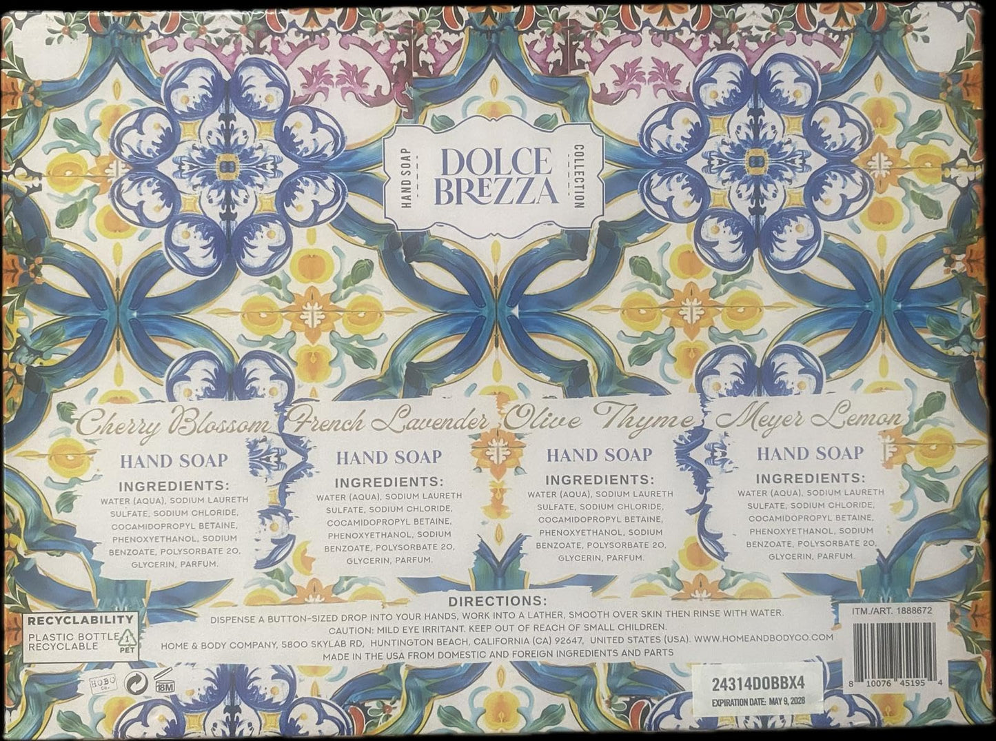 Home and Body Company Hand Soap Dolce Brezza Collection 21.5 FL/636ml Bottles infused with Essential Oils (SET OF 4) Meyer Lemon, Olive Thyme, Fresh