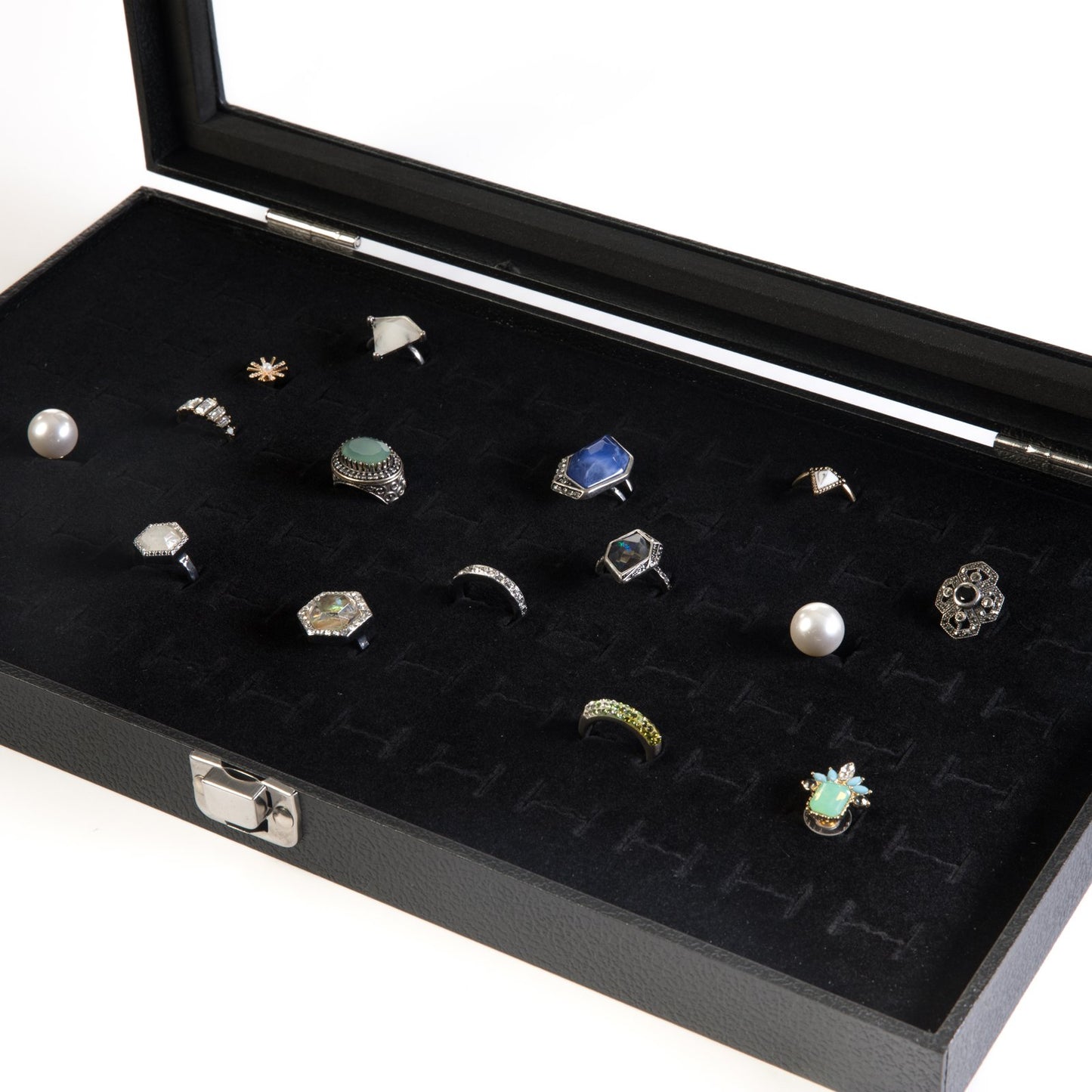 Huji Glass Top Ring Display Showcase With Velvet Insert Liner Jewelry Organizer (1, 72 Slot Case)