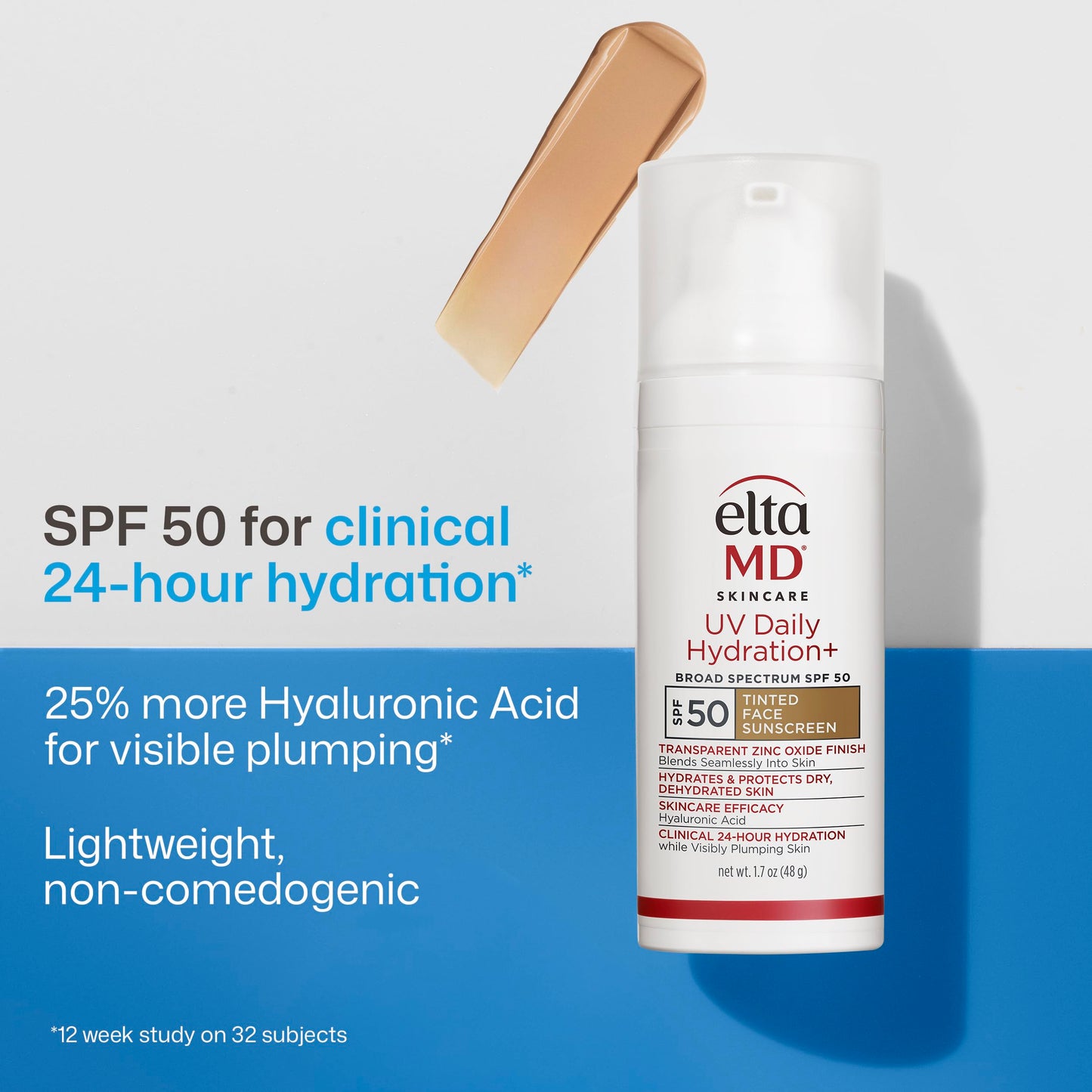 EltaMD UV Daily Hydration+ Tinted Face Sunscreen with Transparent Zinc Oxide and Hyaluronic Acid, Moisturizes and Protects, Great for Dry