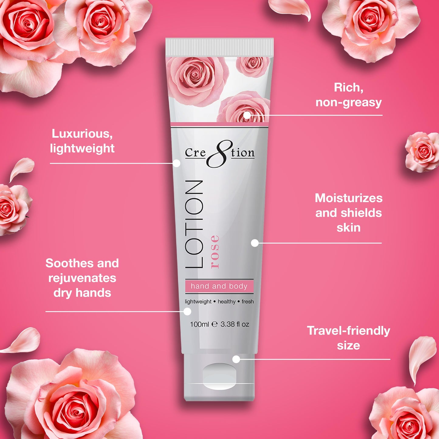 Cre8tion Spa Rose Hand & Body Lotion, Luxurious Lightweight Moisturizer for Silky, Smooth Skin, 3.3 Fl Oz