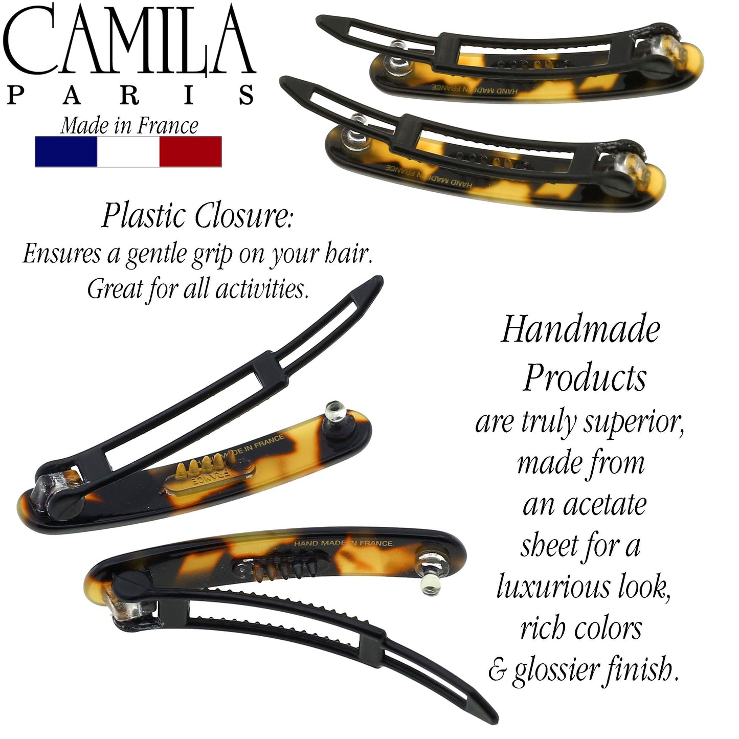Camila Paris CP2240/2 French Hair Barrettes Clips for Women, Handmade, Girls Side Slide-in Barrette Clip, Hair Accessories for Women. Strong Hold No