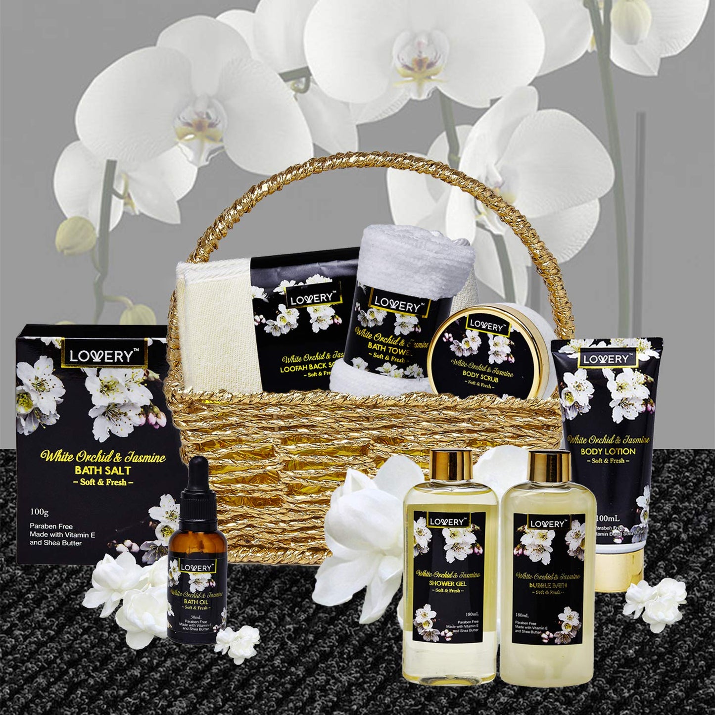 Gift Baskets for women Mom Gifts, Bath and Body Spa Set- Orchid & Jasmine Home Spa Set With Body Scrubs, Lotions, Oils, Gels and More - Care Package