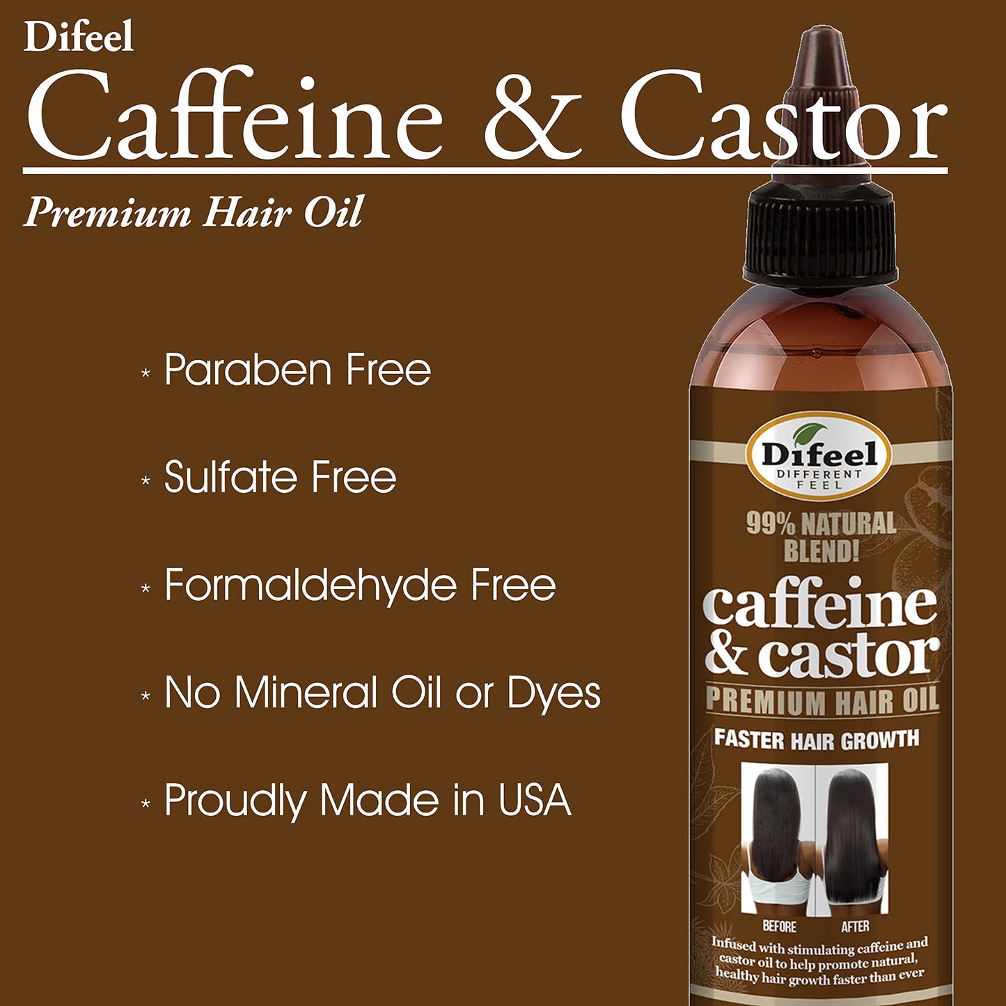 Difeel 99% Natural Premium Hair Oil - Caffeine & Castor Hair Oil 8 oz. (PACK OF 2)