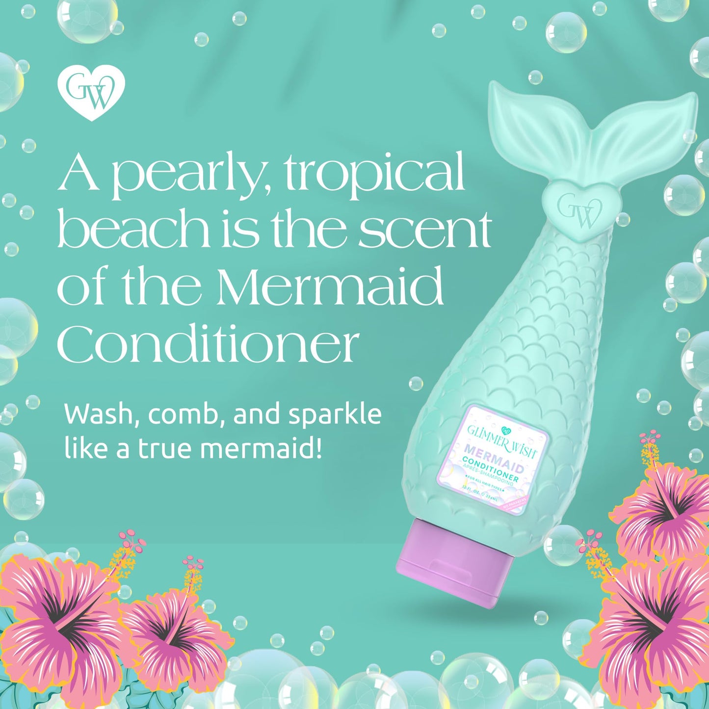 Glimmer Wish Mermaid Kids Conditioner, Paraben and Sulfate Free Conditioner for Strong and Smooth Hair, Kids Hair Care, Tropical Beach Scent, 12 Fl Oz