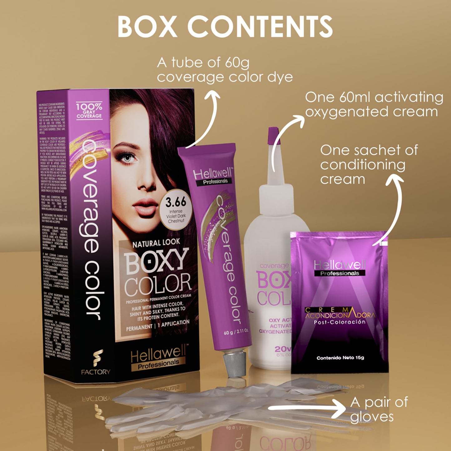 BOXY COLOR Coloring Kit - Professional Permanent Hair Dye with Vegetal Protein for Intense Shiny, Silky Color and 100% Gray Coverage (3.66 Dark Violet