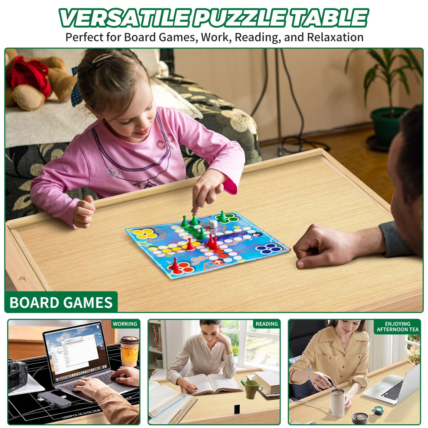 Large Puzzle Table with Drawer – Adjustable Height & Angle Wooden Board for 300-1500 Piece Jigsaws, Felt Cover, Shelf & Wheels