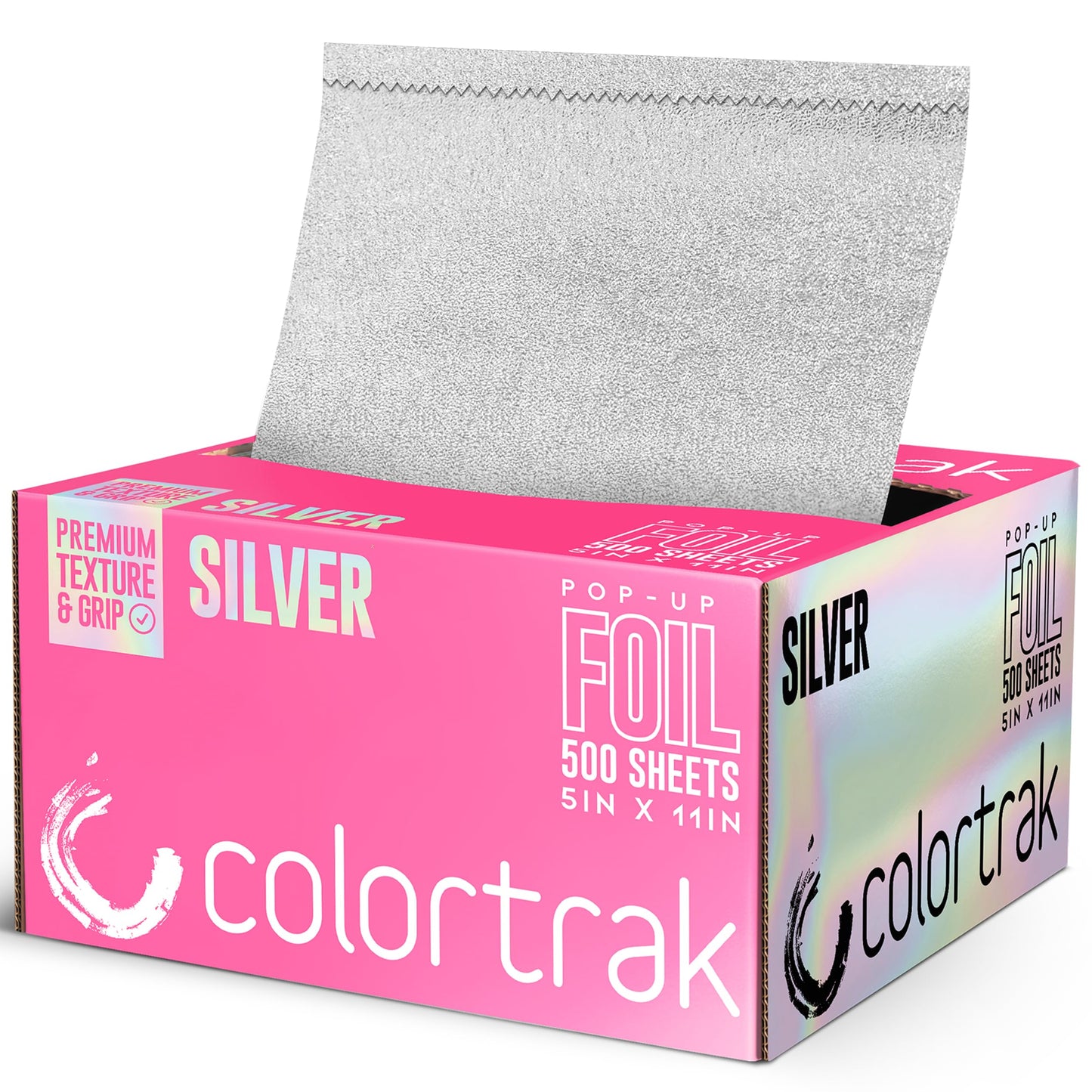Colortrak Embossed Sheets Silver Aluminum Foil Pop-up Dispenser, 500 Pre-cut Sheets Non-slip Textured, for Hair Foil Coloring and Highlighting