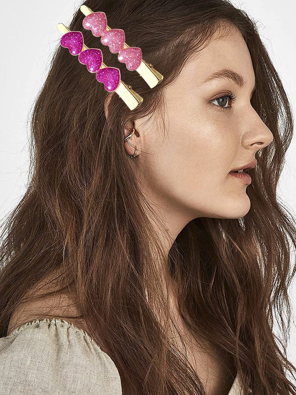 Boderier 6 Pack Valentine's Day Heart Hair Clips for Women Red Pink Fuchsia Glitter Rhinestone Heart Clips Hair Barrette Hair Accessory for Women