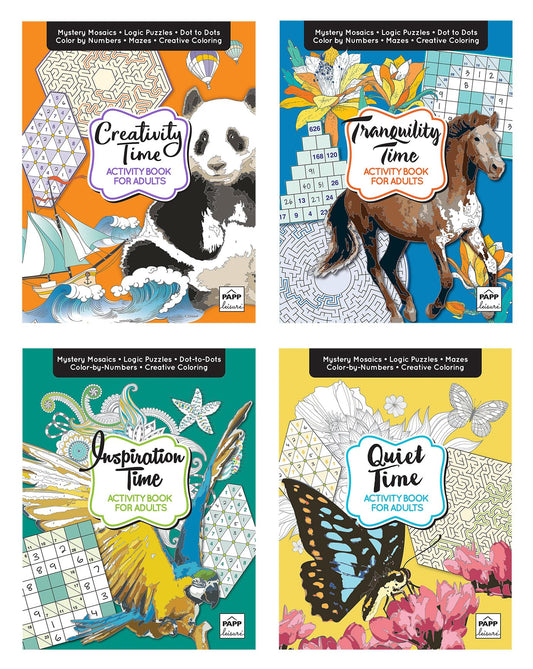 Activity Books for Adults – 4-Volume Set with 100+ Pages of Stress-Relief Puzzles: Sudoku, Color by Number, Mosaics & Inspirational Quotes