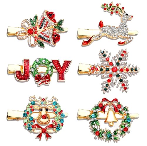 6PCS Christmas Hair Clips for Women Xmas Snowflake Wreath Reindeer Bell Hairpins Rhinestone Holiday Hair Barrettes Festive Costume Hair Accessory
