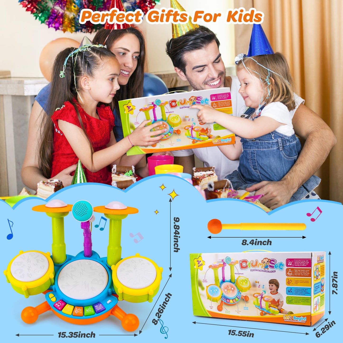 Kids Drum Set for Toddlers 1-3 – Musical Baby Toy with Microphone & Lights, Montessori Learning Gift for Boys & Girls, Ages 6–24 Months