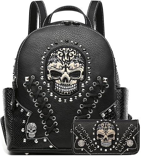 Cowgirl Trendy Sugar Skull Punk Art Rivet Stud Biker Purse Women Fashion Backpack Python Daypack Shoulder Bag Wallet Set (Black Set)