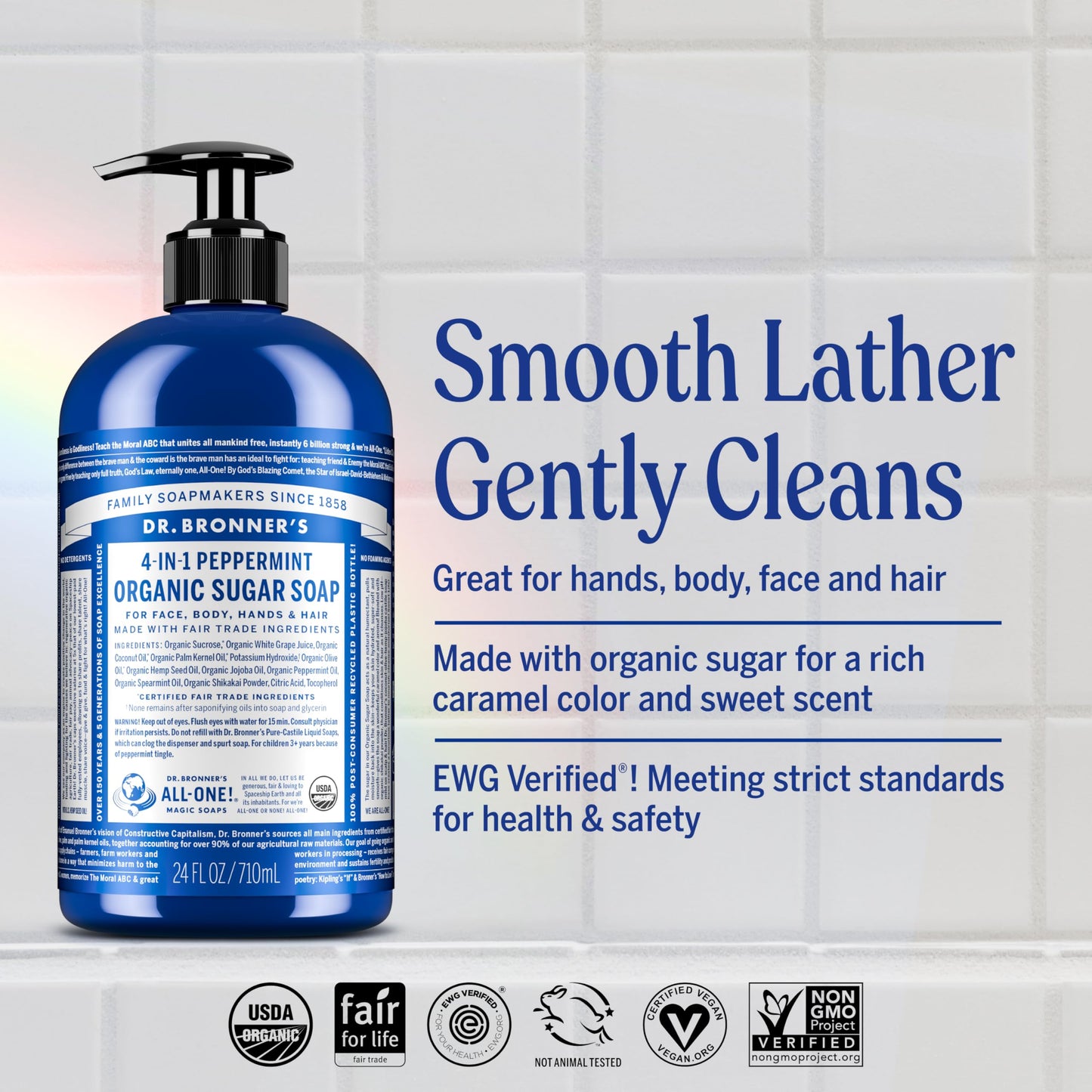Dr. Bronner's - Organic Sugar Soap (Peppermint, 12 oz) - Made with Organic Oils, Sugar & Shikakai Powder, 4-in-1 Uses: Hands, Body, Face & Hair