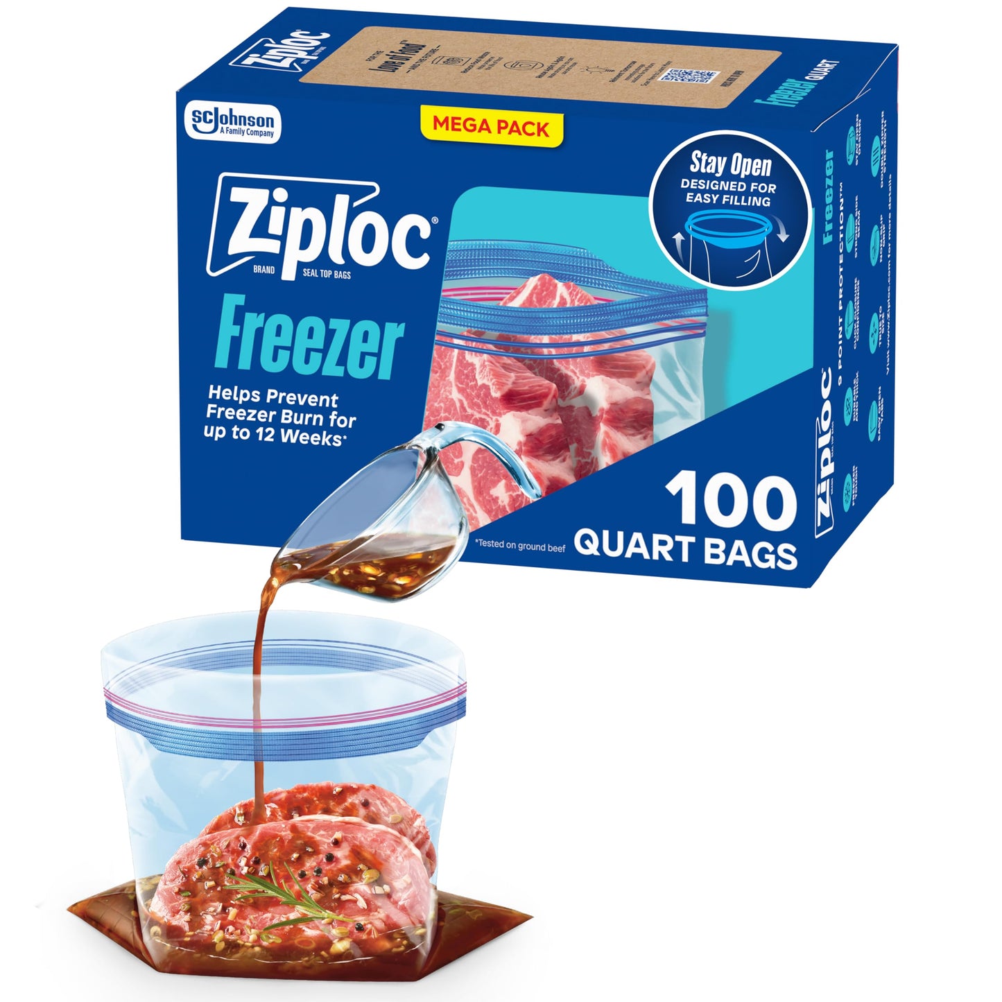 Ziploc Quart Food Storage Freezer Bags, Grip 'n Seal Technology for Easier Grip, Open, and Close, 100 Count
