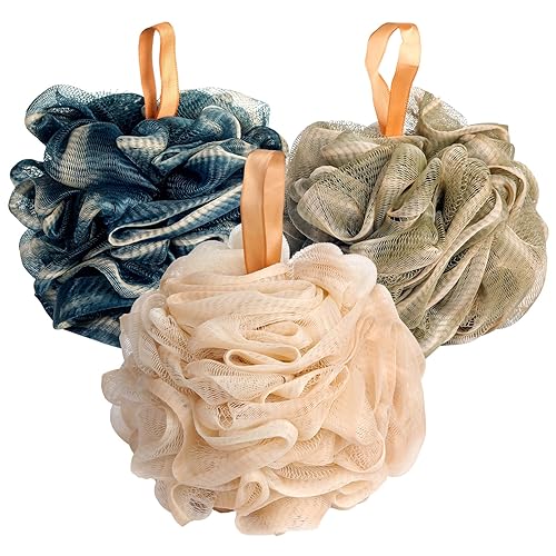 Fishent Bath Loofah Sponge, 3 Pack loofahs Exfoliating Body Scrubber, 60g Soft Mesh Pouf Shower Puffs, Loofa for Women and Men