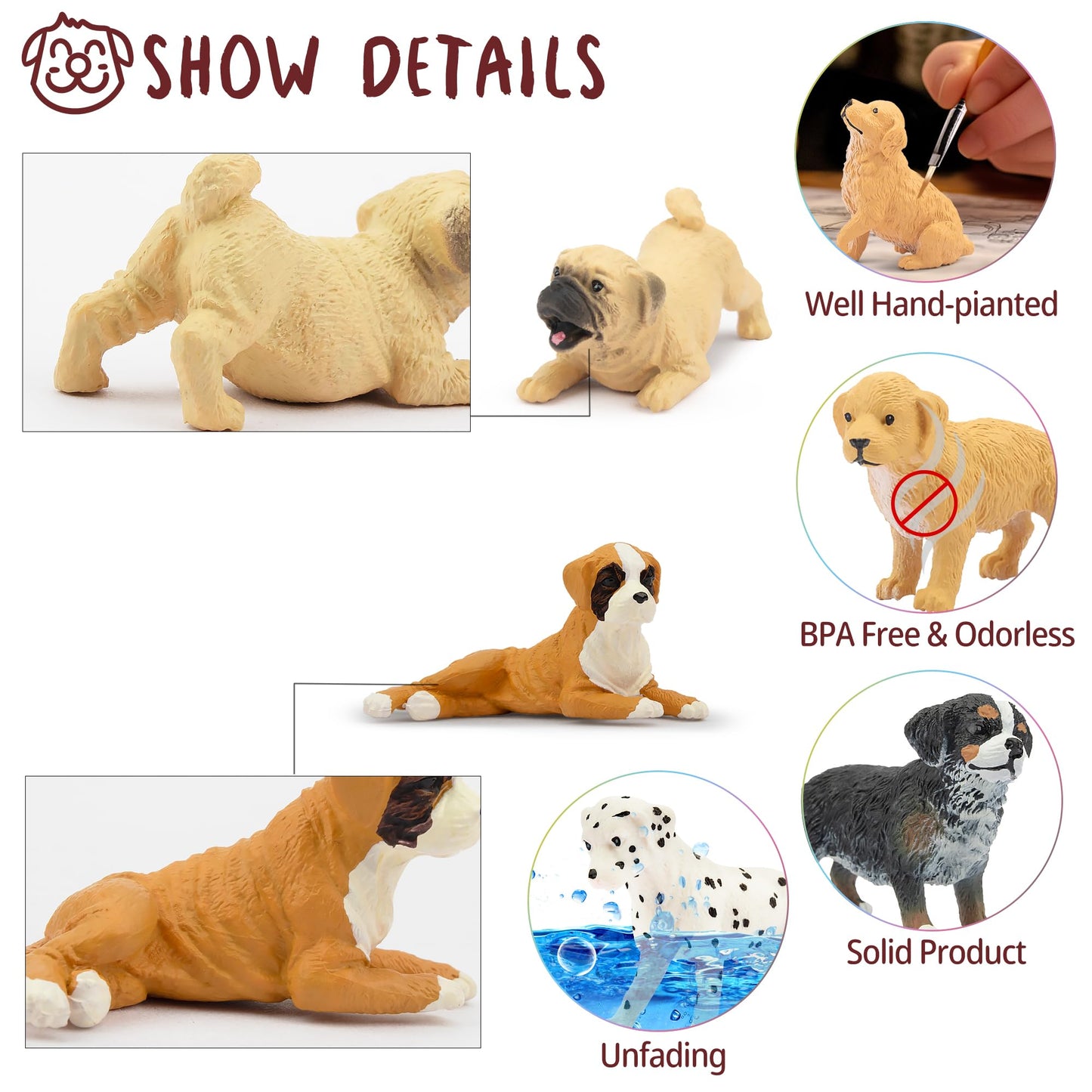 Toymany 12PCS Mini Dog Figurines Playset – Realistic Hand-Painted Puppy Figures, Plastic Animal Toys, Cake Toppers & Gifts for Kids