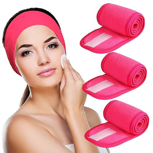 Denfany 3 Pack Makeup Headband, Ultra Soft Adjustable Spa Facial Headbands Terry Cloth Stretch Make Up Wrap for Face Washing, Bathing, Showers (Rose