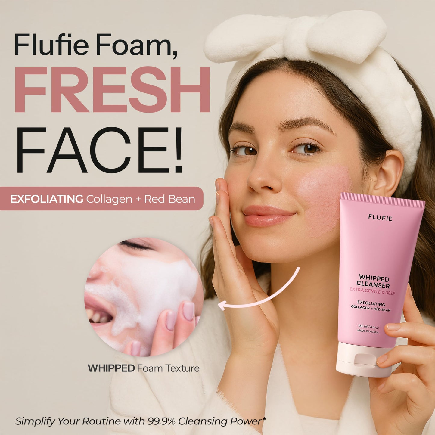 Flufie Whipped Facial Cleanser with Collagen & Red Bean - Gentle Exfoliating, Hydrating & Brightening for Smooth Skin - Dermatologist Tested