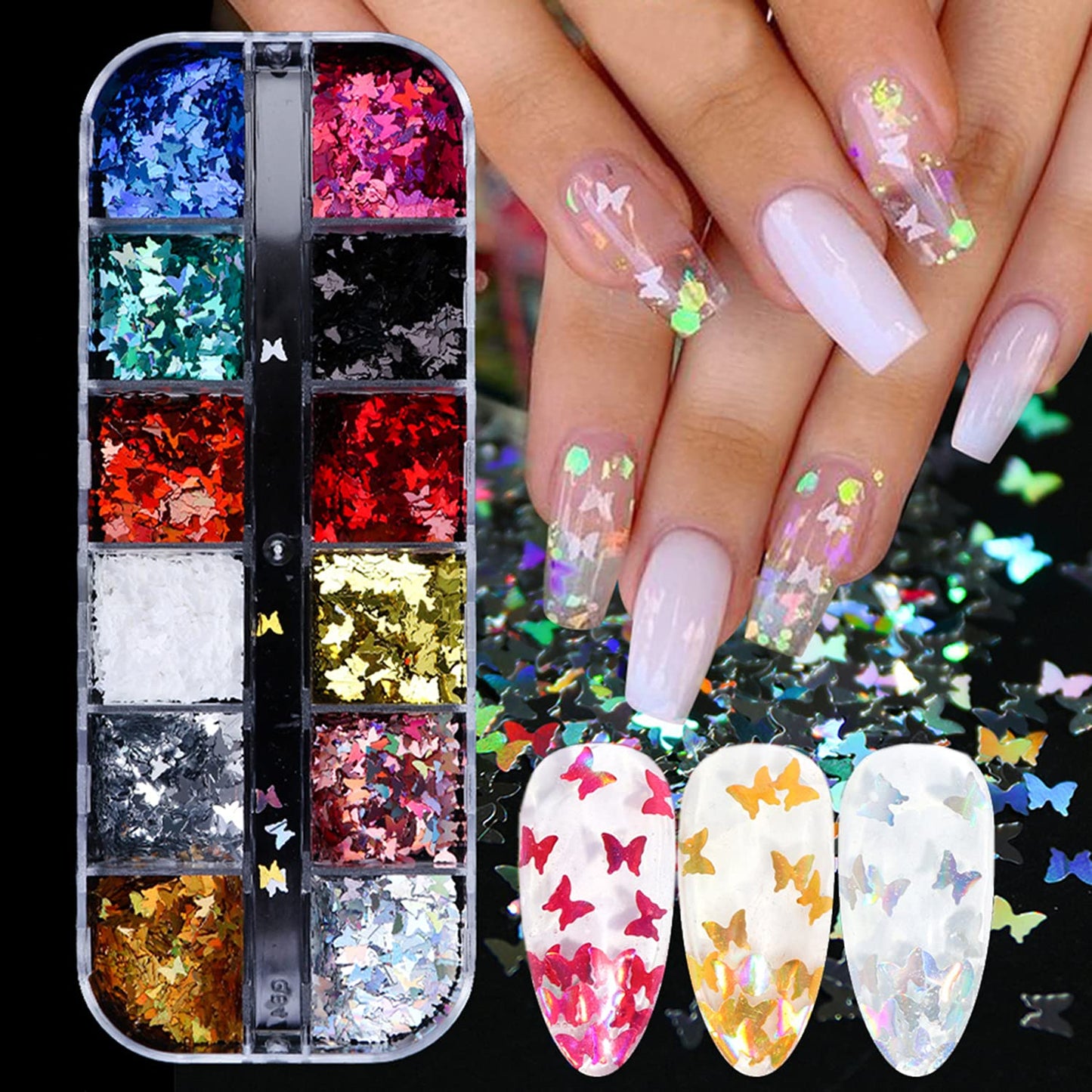 12 Colors Butterfly Nail Art Stickers Butterflies Nail Glitter Sequins 3D Art Accessories Butterfly Shape Flakes Powder Holographic Gold Red Pink